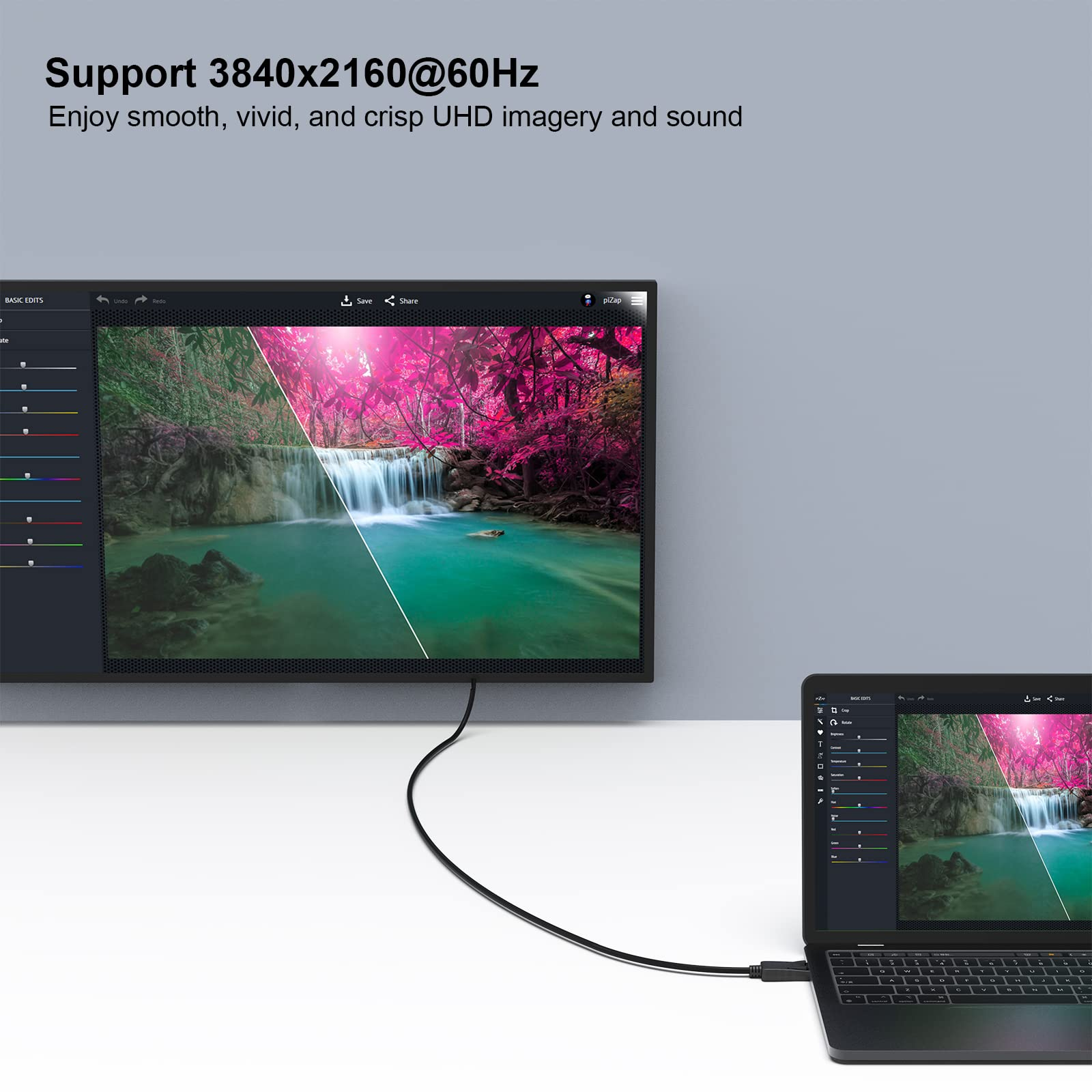 Laptop an Monitor angeschlossen mit farbenfrohem Bild. Text: Support 3840x2160@60Hz.