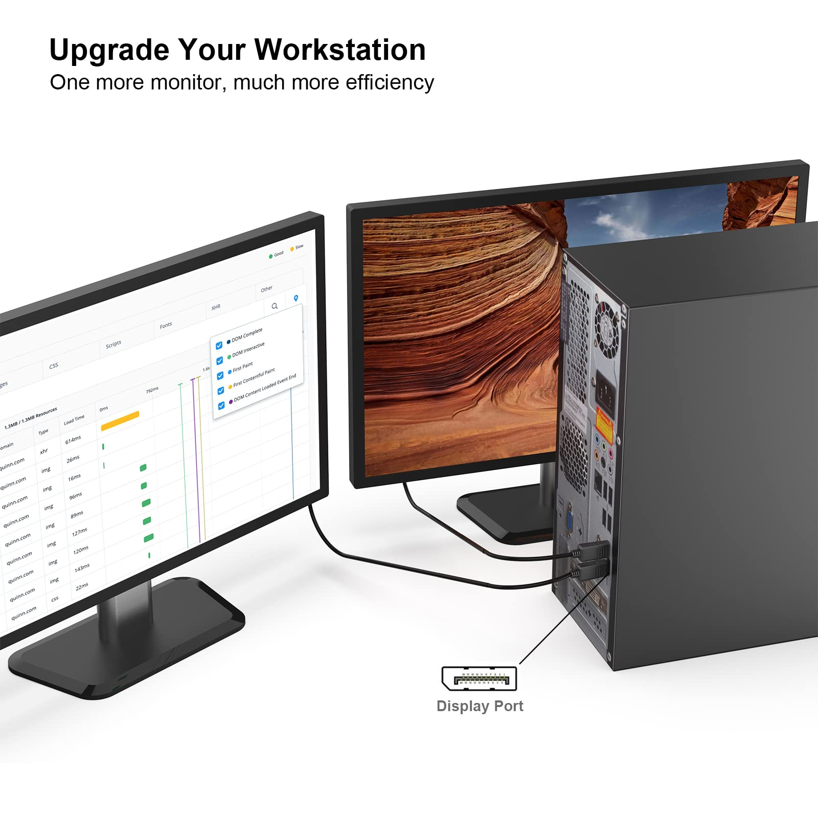 Zwei Monitore, die mit einem Computer verbunden sind. Einer zeigt Code, der andere eine Wüstenlandschaft.