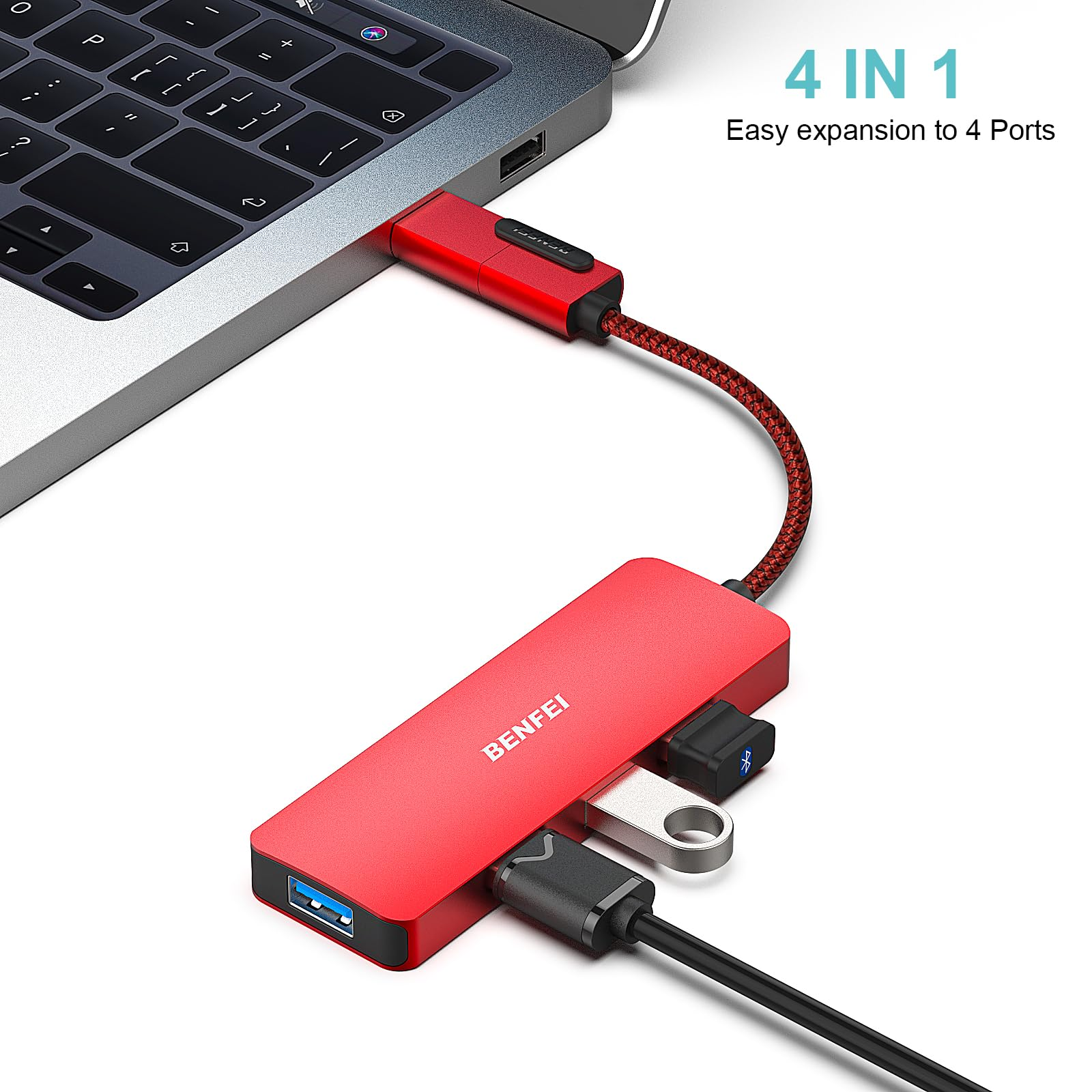 Roter USB-Hub, der an einen Laptop angeschlossen ist, mit USB-, USB-C- und Micro-USB-Anschlüssen.