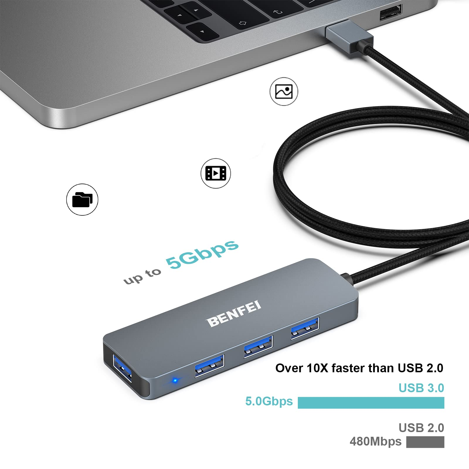 Ein USB-Hub, der mit einem Laptop verbunden ist, mit SD-Karten, zeigt: 5,0 Gbit/s, über 10X schneller als USB 2.0.