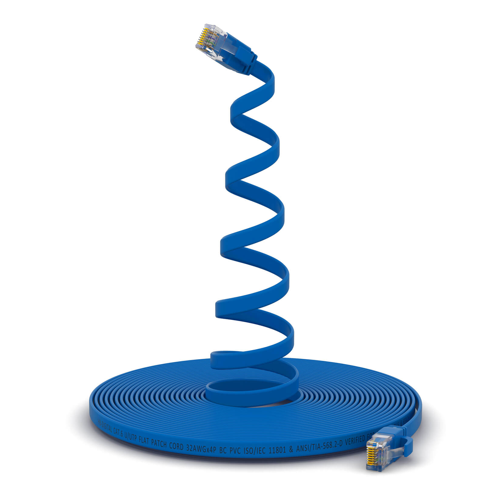 Blaues Ethernet-Kabel, gewickelt, mit Steckern an beiden Enden. Weißer Hintergrund.