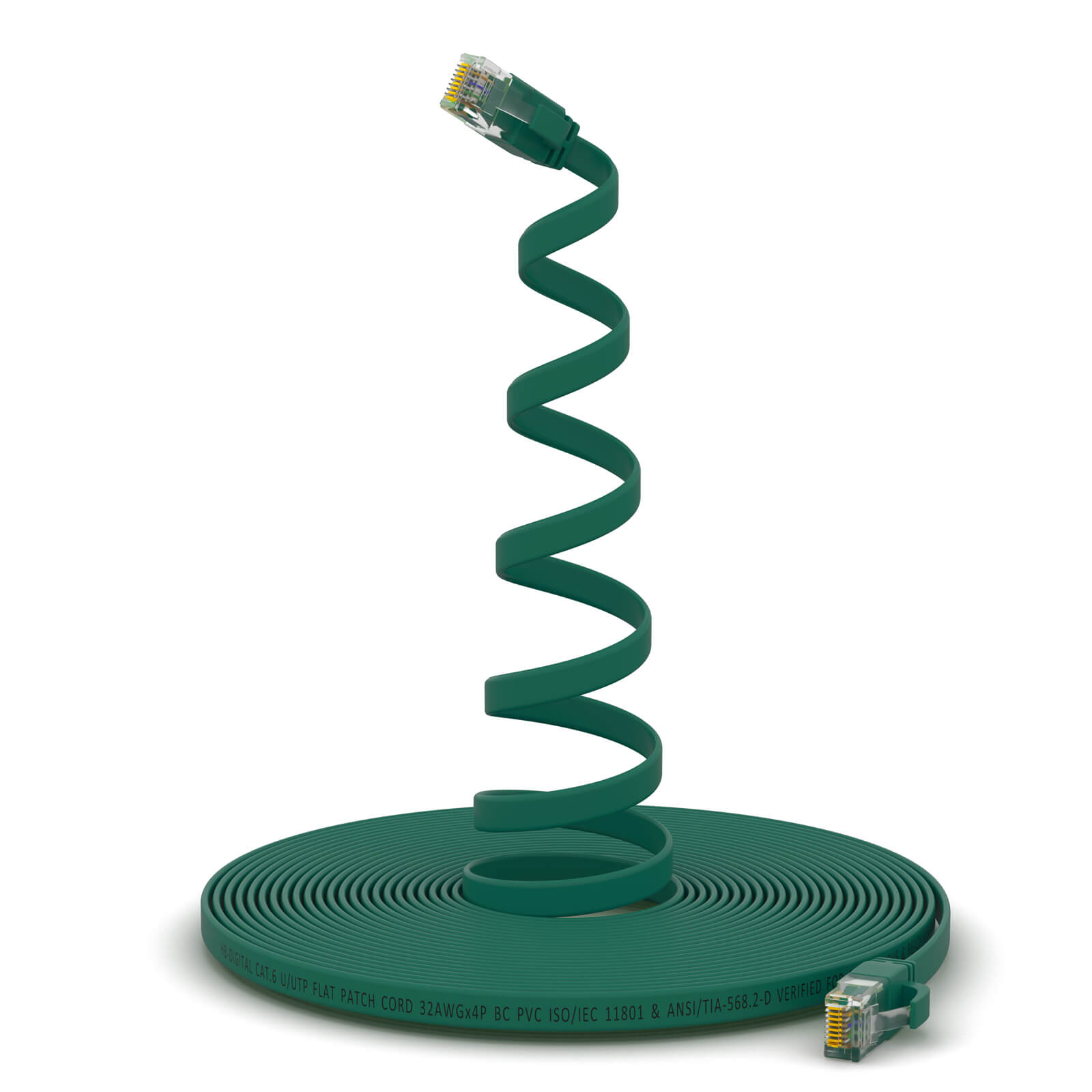 Grünes Ethernet-Kabel in Spiralform auf weißem Hintergrund. Das Kabel hat Anschlüsse an beiden Enden.