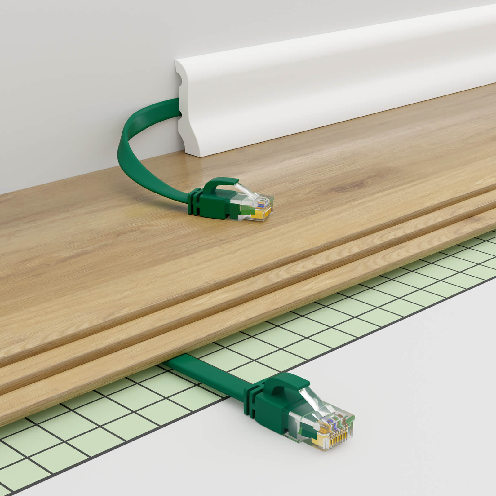 Grünes Netzwerkkabel, das mit Wand und Boden verbunden ist und die Installation zeigt.
