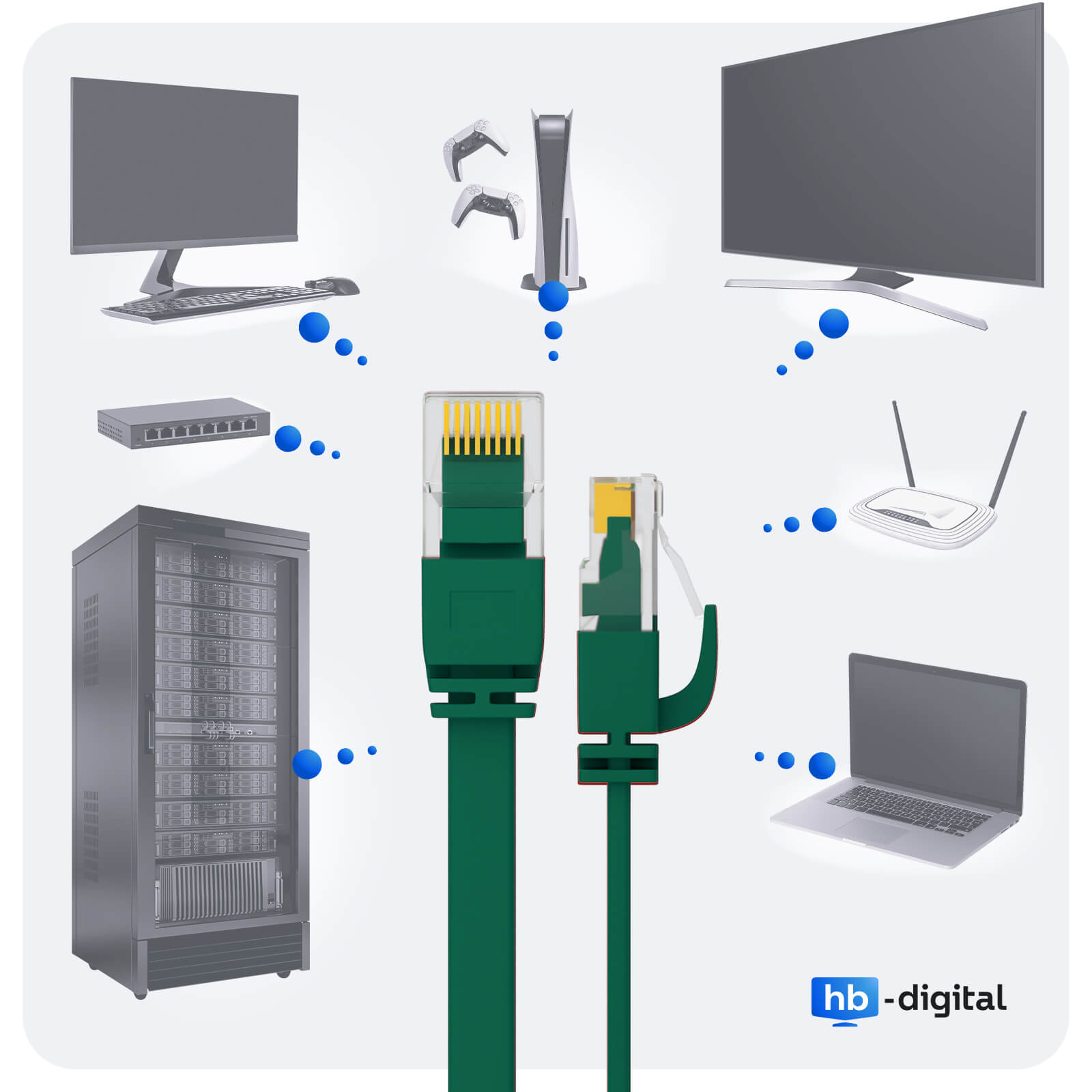 Grünes Ethernet-Kabel mit gelben Steckern in der Nähe von Computer, Fernseher und anderen Geräten.