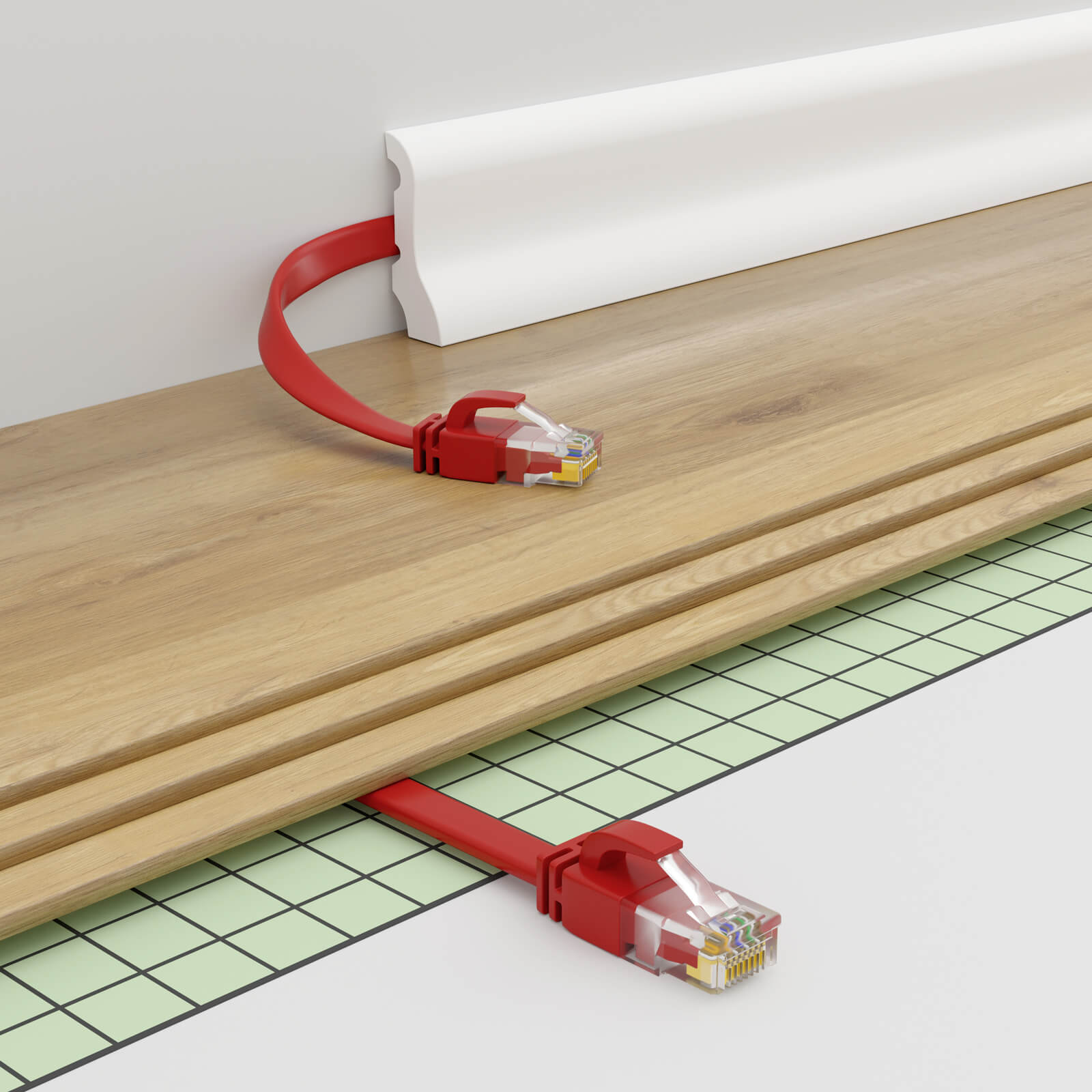 Rote Ethernet-Kabel installiert. Ein Kabel verläuft entlang des Holzbodens, das andere kommt von hinter einer weißen Leiste.