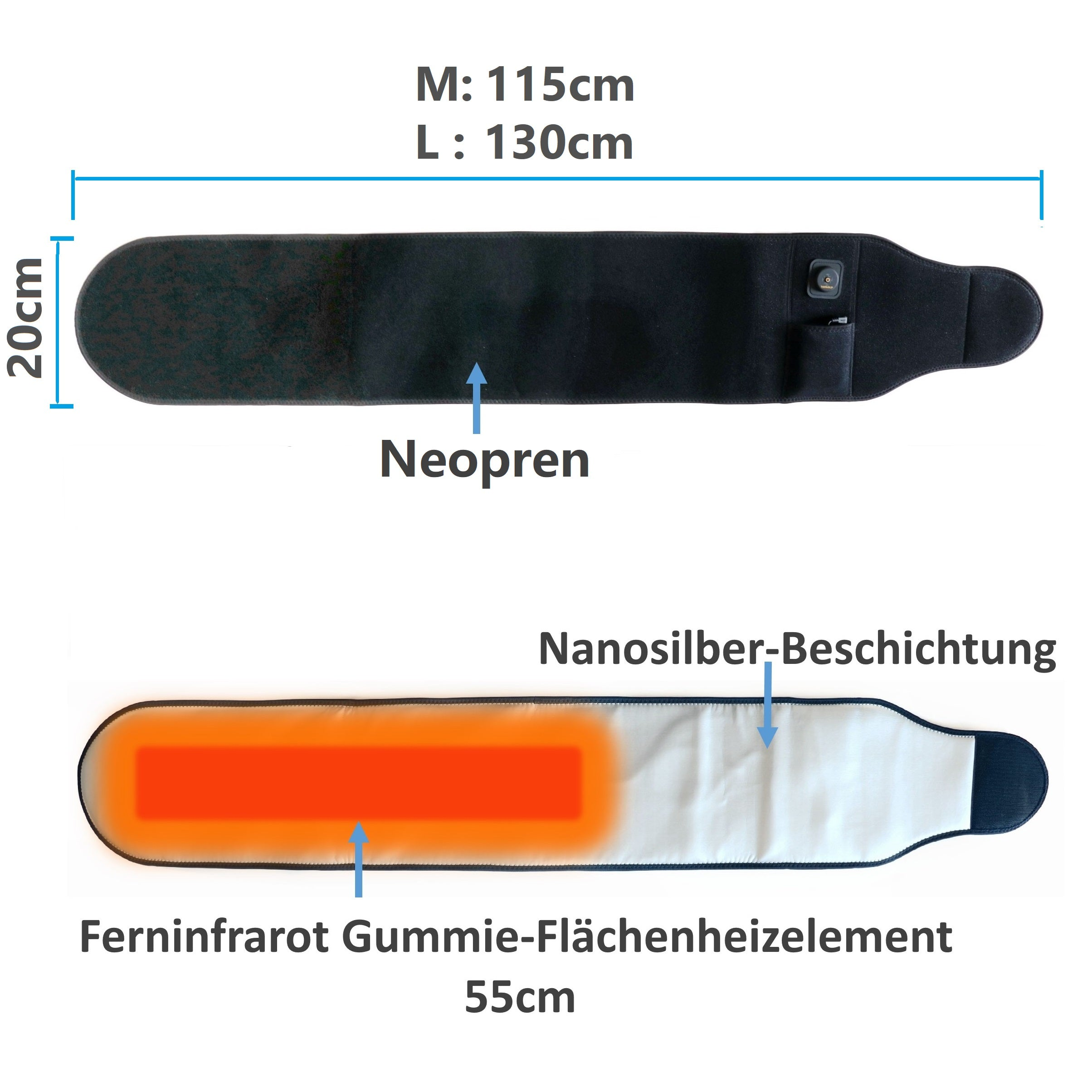 Zwei Diagramme eines schwarzen Heizgürtels mit Messungen und Beschriftungen. Weißer Hintergrund.