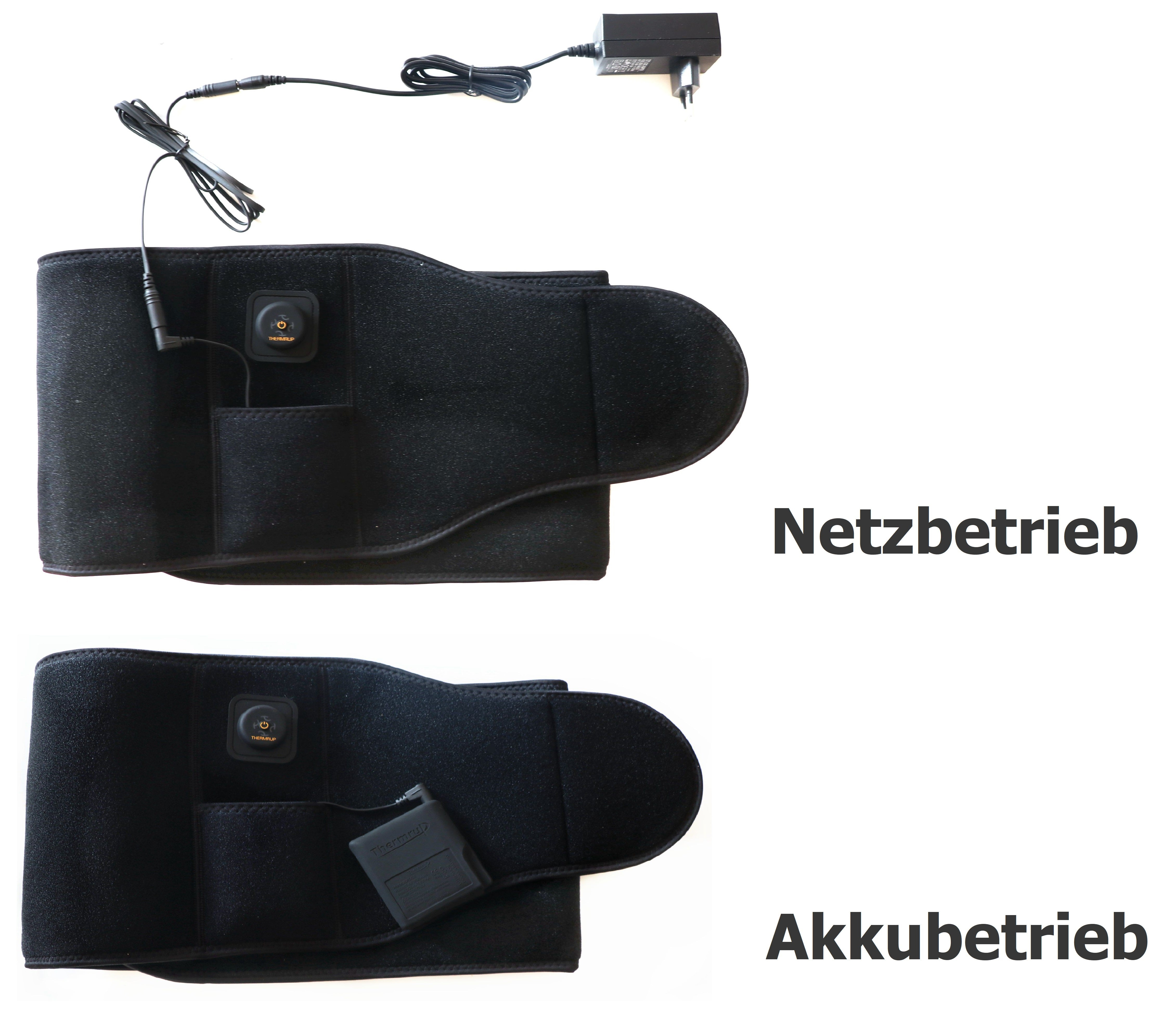 Zwei schwarze Taillenbänder mit einem Steuermodul und Ladekabel, eines mit Stromanschluss und eines mit Akku. Weißer Hintergrund.