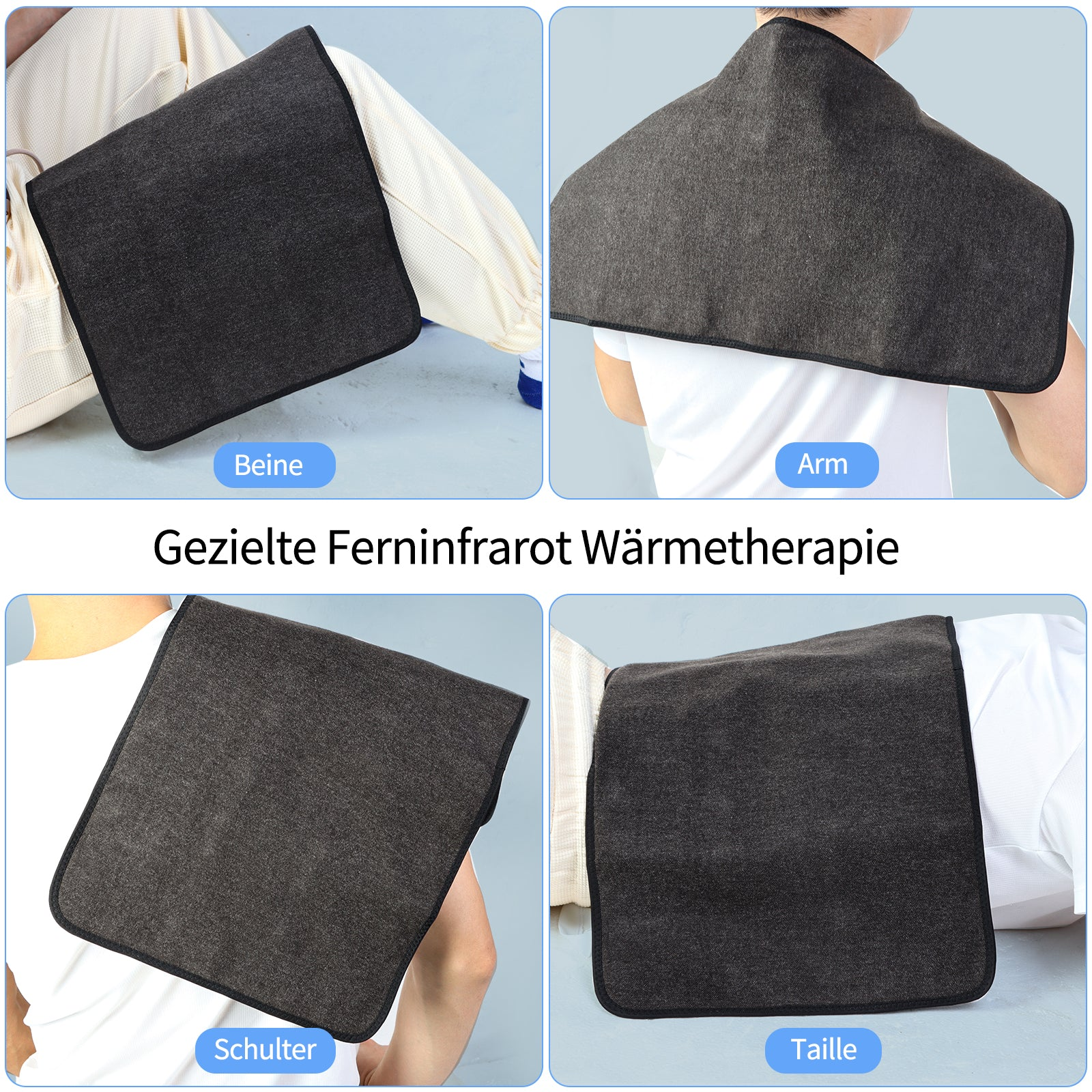 Vier Bilder von schwarzen Wärmetherapiepads auf Körperteilen. Deutsche Textbeschriftungen.