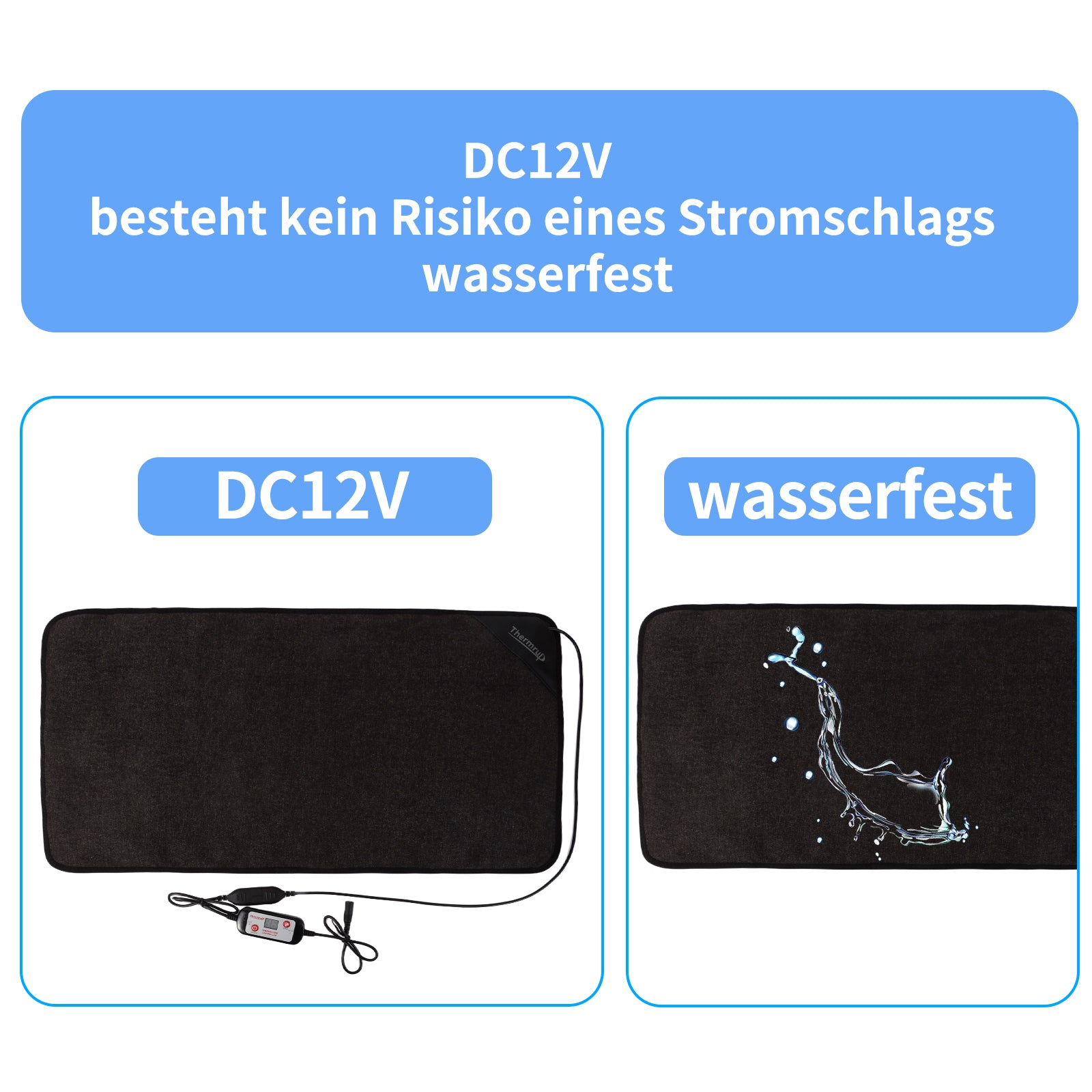 Zwei Bilder, die eine beheizte schwarze Matte zeigen, mit Text über Wasserbeständigkeit und Sicherheit.