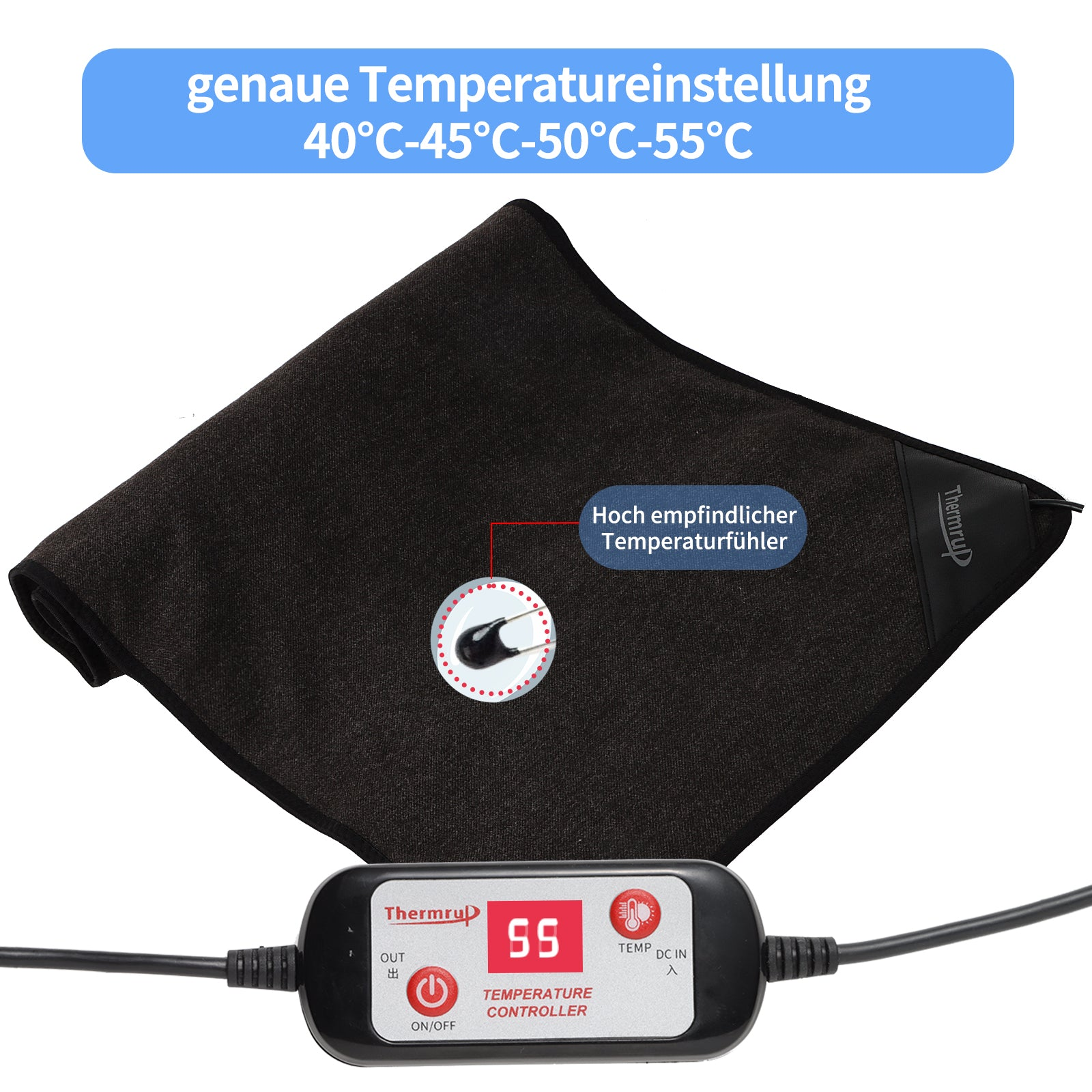 Schwarzes Heizkissen mit Regler. Der Reglerbildschirm zeigt '55'. Text: 'TEMPERATURE CONTROLLER' und 'DC IN'.