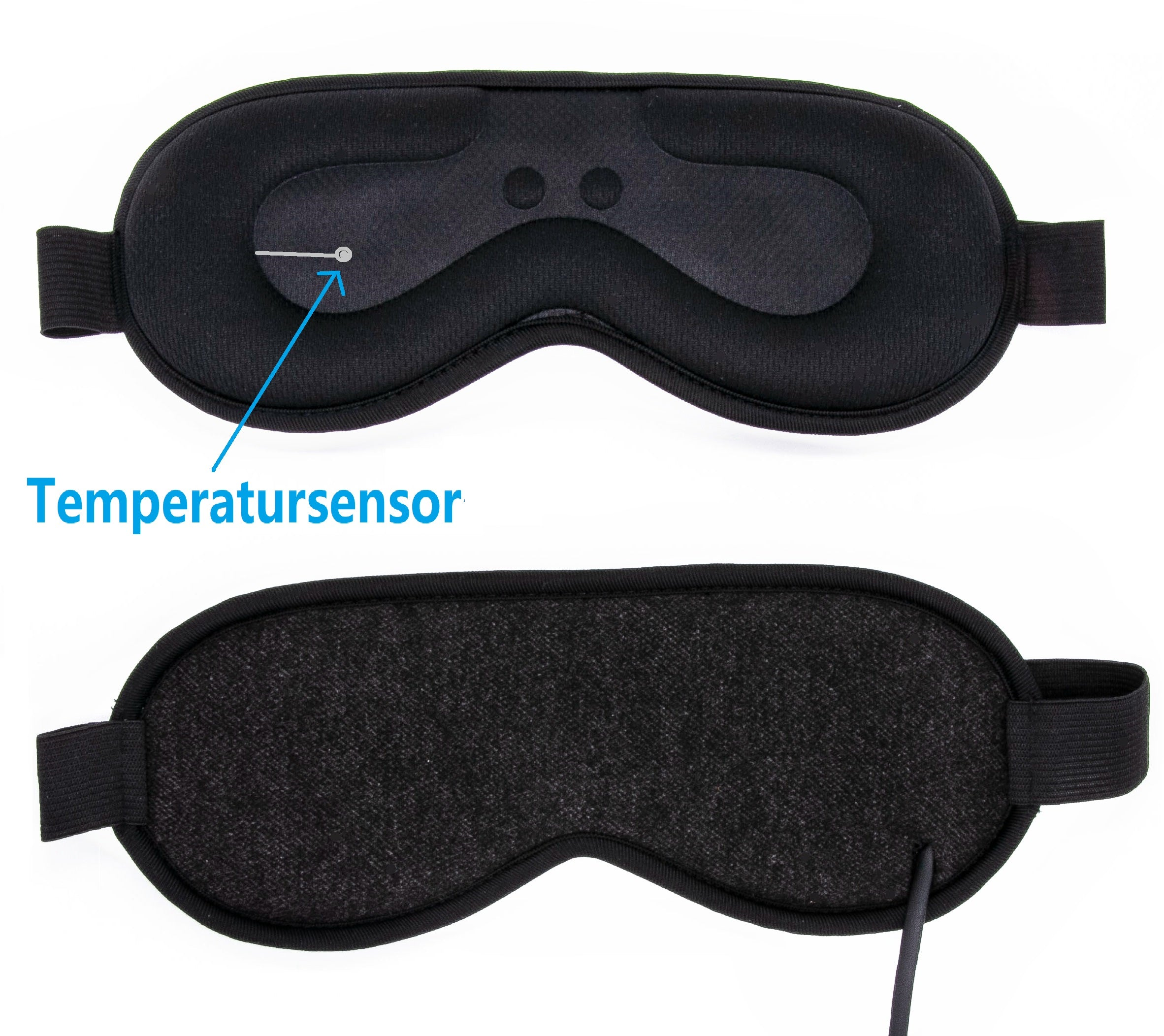 Schwarze Augenmaske mit Temperatursensor. Elastische Träger. Weißer Hintergrund.