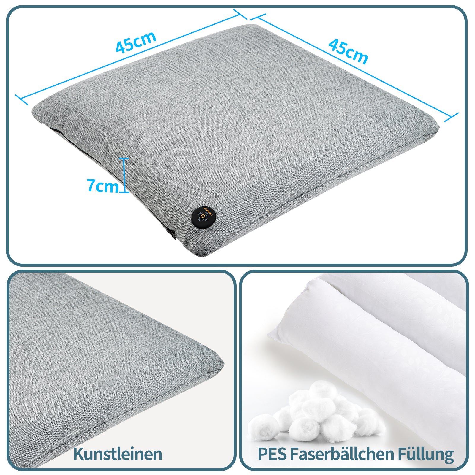 Ein graues quadratisches Kissen mit Maßen und weißem Füllmaterial.