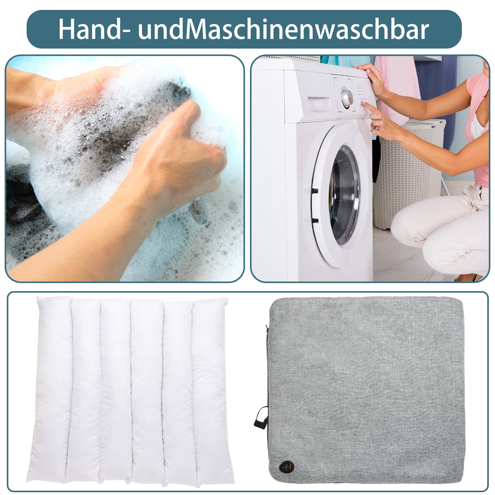 Zwei Bilder von Waschaktivitäten: Händewaschen, Waschmaschine und zwei weiße Kissen.