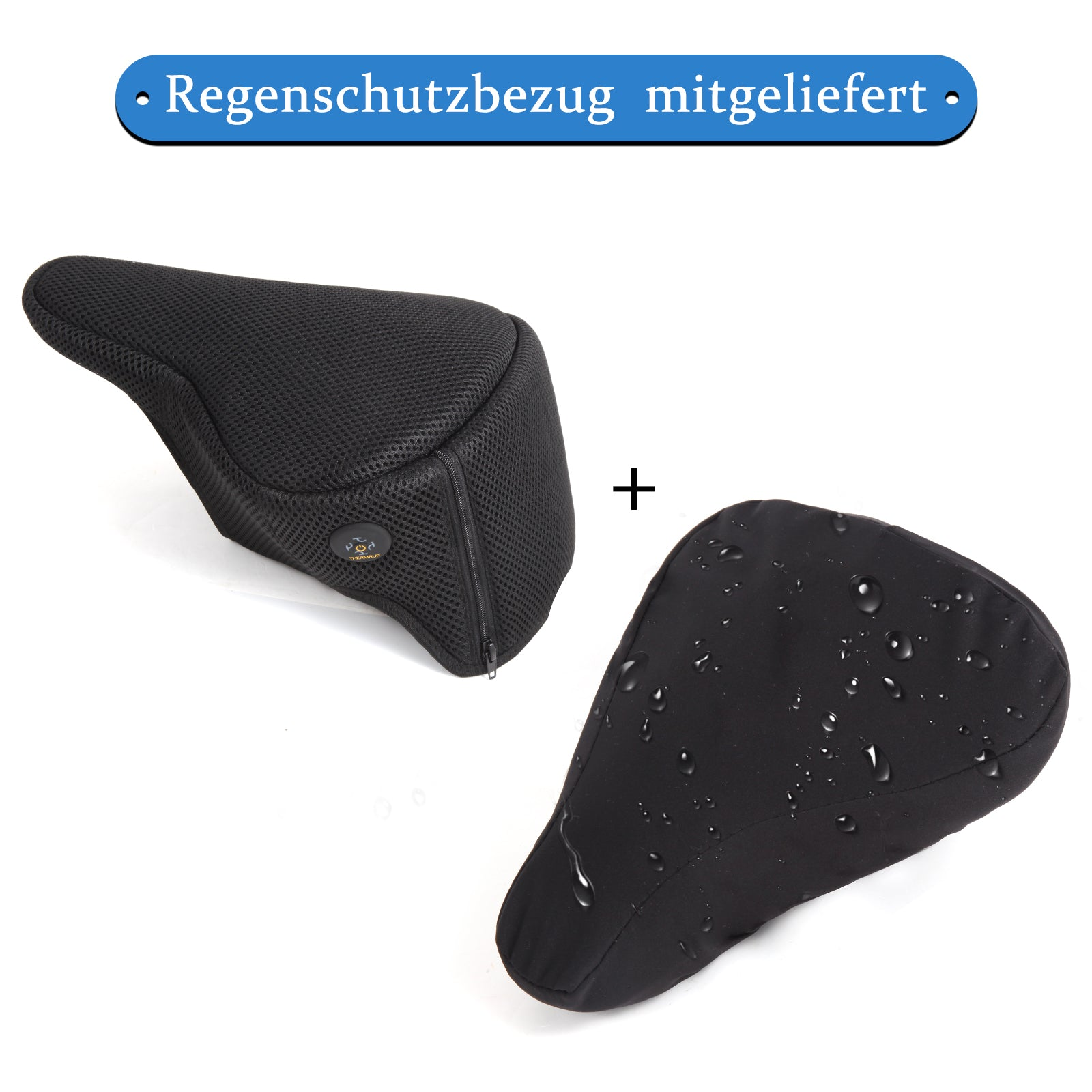 Schwarzer Sitz mit Mesh-Oberteil und schwarzer Regenhülle.