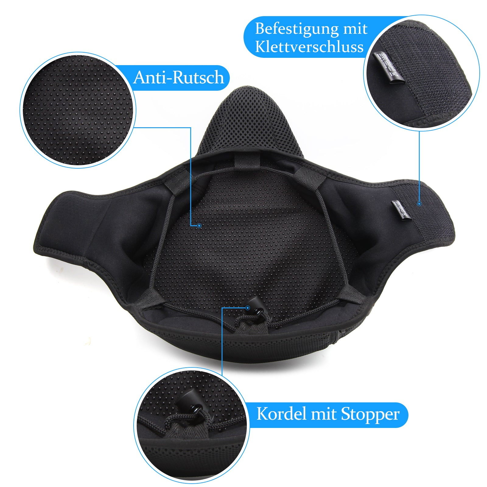 Schwarzes Motorradhelm-Innenausstattung mit Anti-Rutsch-, Kordel- und Klett-Details.
