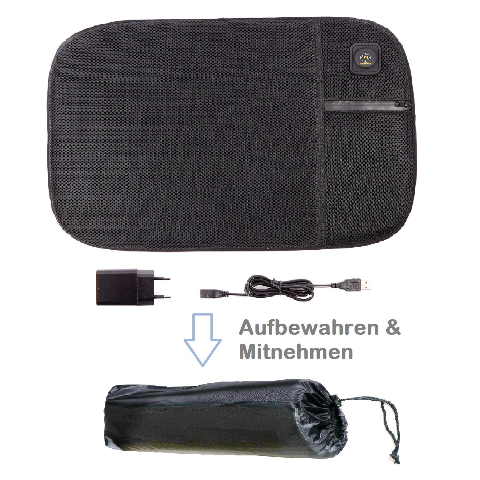 Schwarzes beheiztes Sitzkissen mit Power-Taste und kleiner Tasche. Inklusive Ladegerät und Tragetasche.