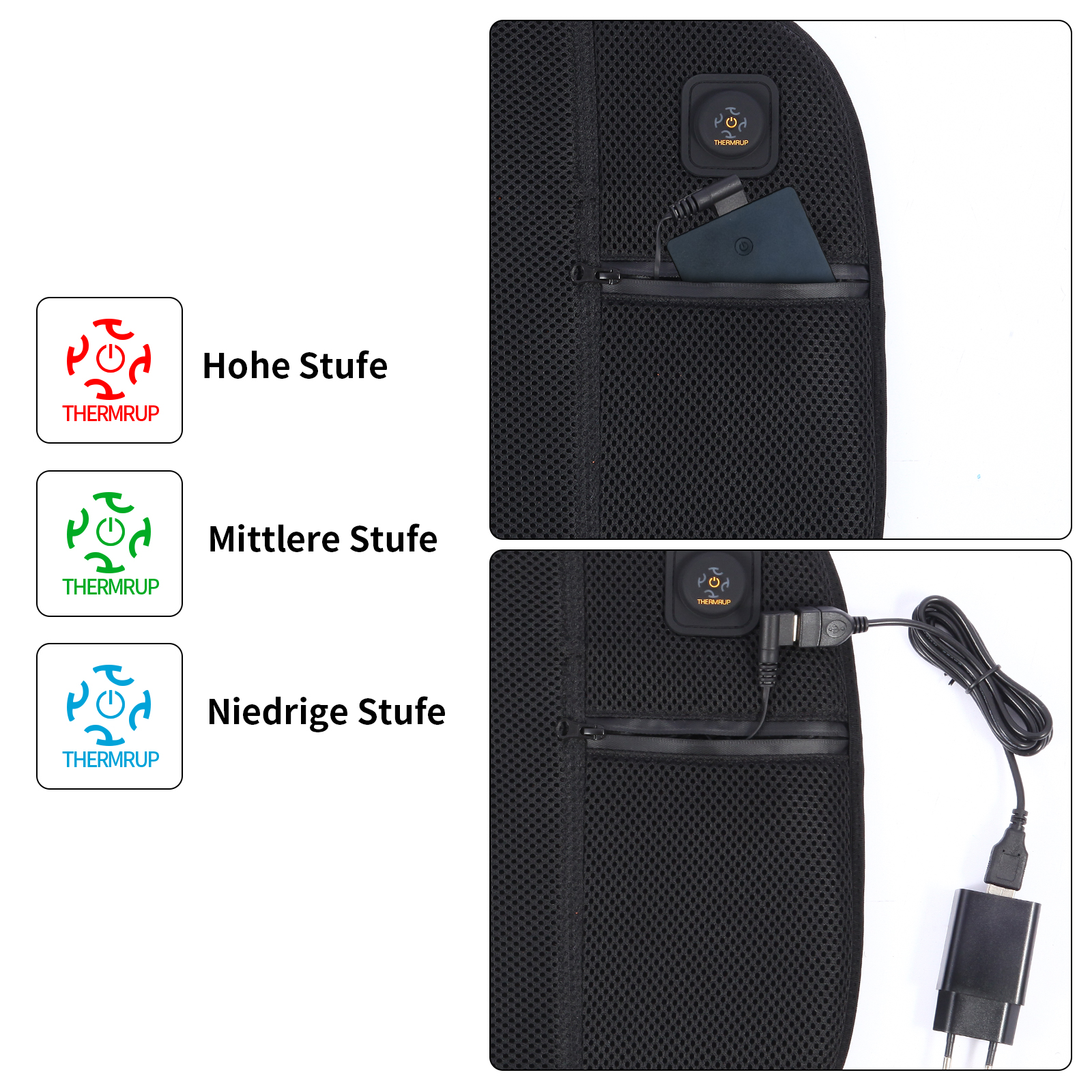 Nahaufnahme einer beheizten Rückenstütze mit Bedienfeld, Netzkabel und Ladegerät.