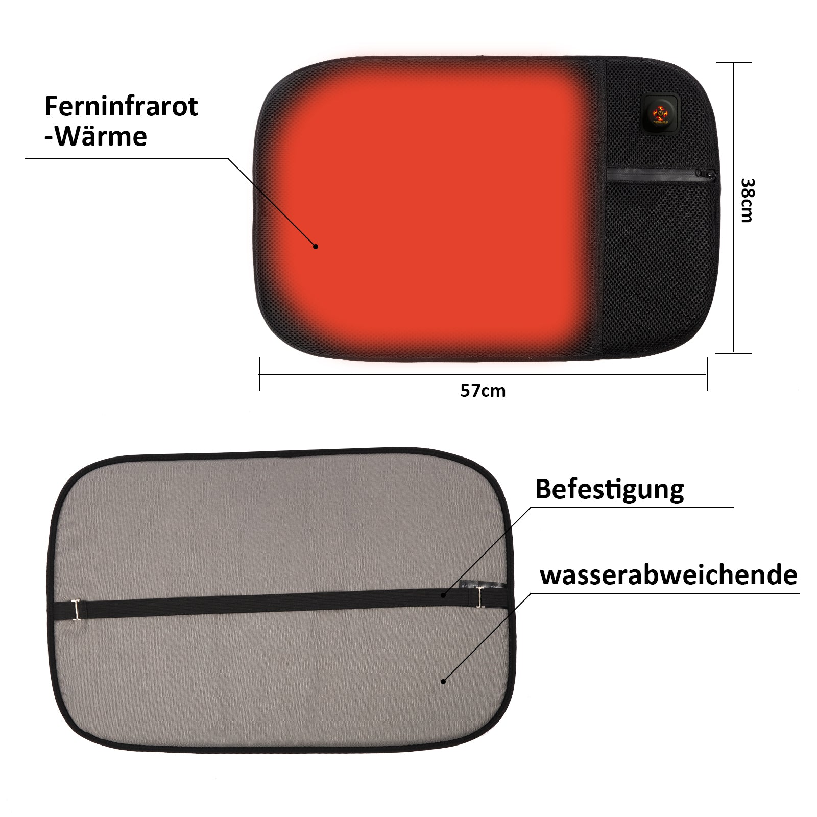 Ein beheiztes Sitzkissen mit rotem Heizbereich. Abmessungen angegeben, Befestigungsriemen vorhanden.