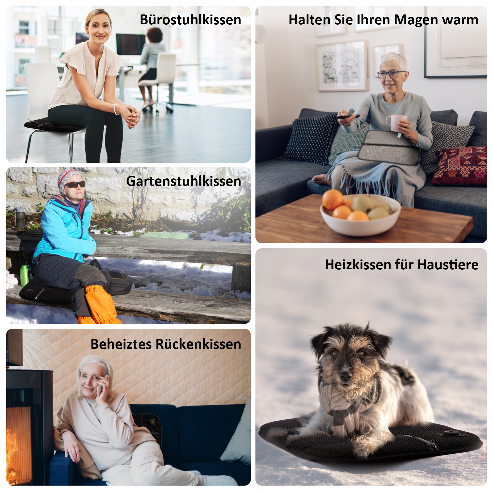 Collage von Menschen in verschiedenen Umgebungen, die beheizte Kissen benutzen, für Büro, Garten, Rücken und Haustiere.