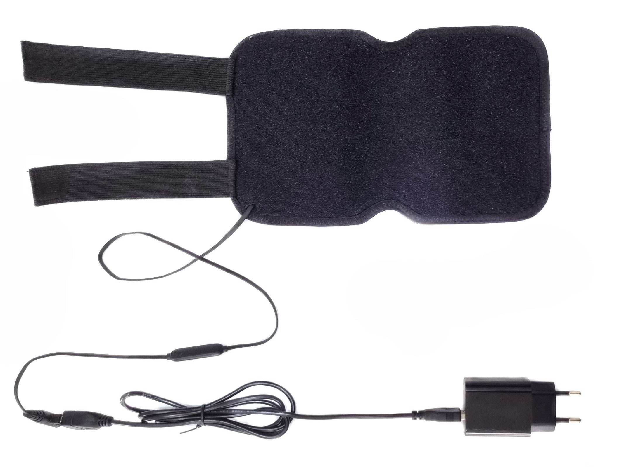 Schwarze Kniebandage mit Riemen, schwarzes Ladegerät und Kabel.