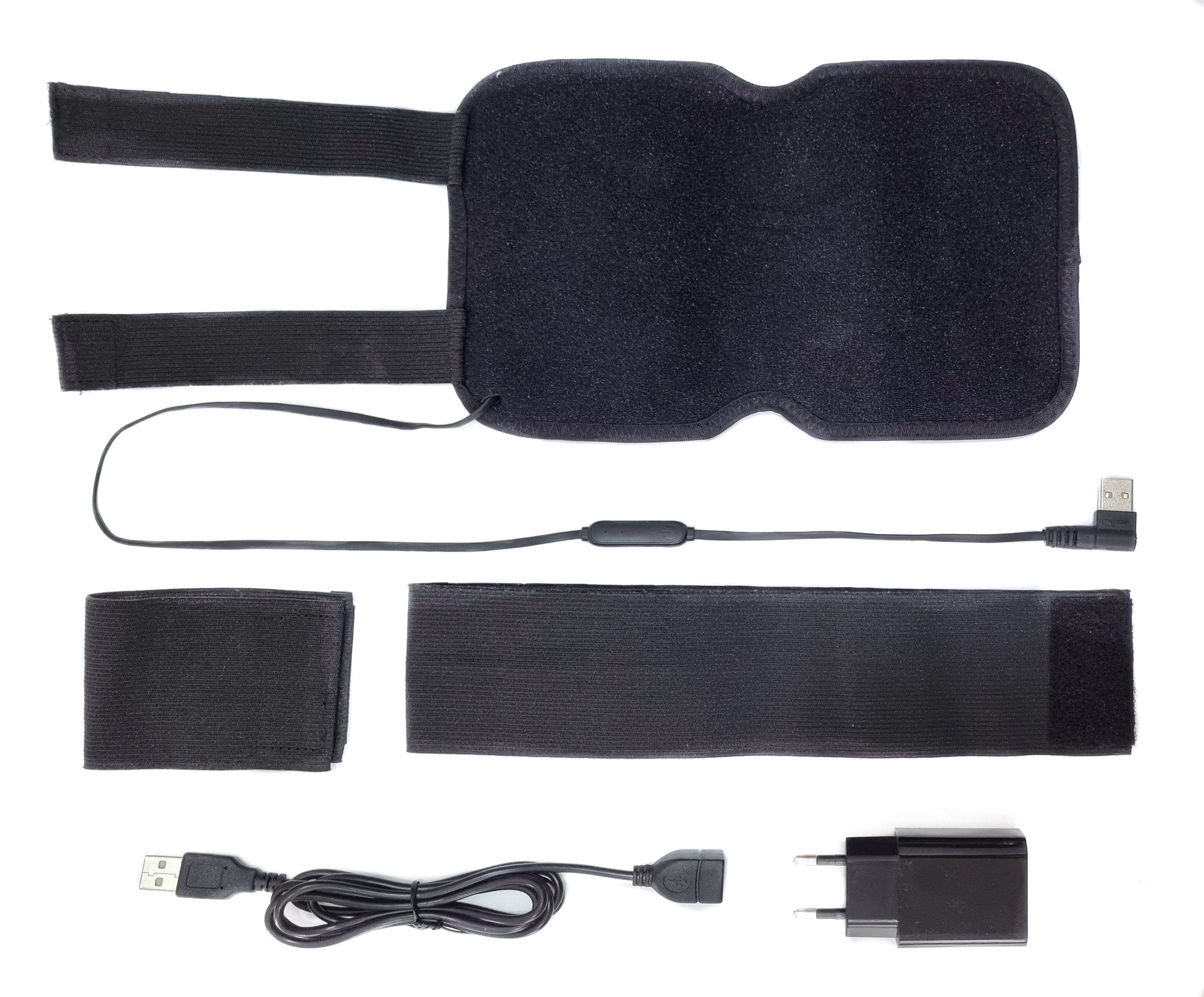 Schwarzer Wickel mit Trägern und einem USB-Ladegerät. Der Wickel dient zur Schmerzlinderung. Das Ladegerät hat einen USB-Anschluss.