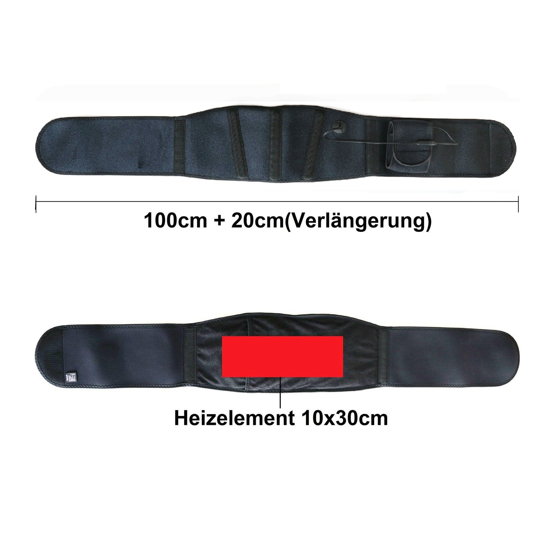 Schwarzer Rückenstützgürtel mit Maßen, ein rotes Heizelement ist angegeben.