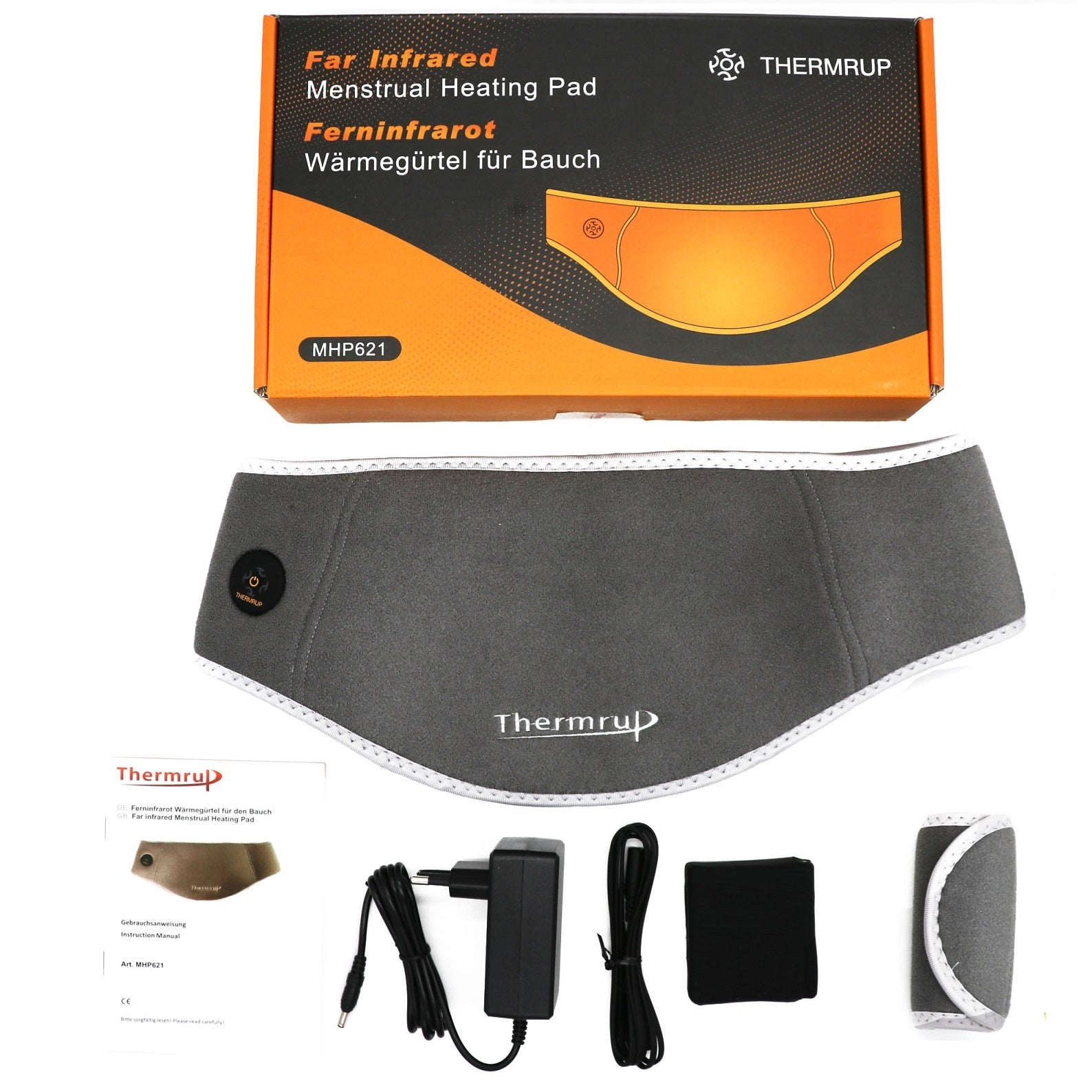 Eine Packung mit einem grauen Menstruations-Heizkissen, Zubehör und einer Box mit Text in mehreren Sprachen.
