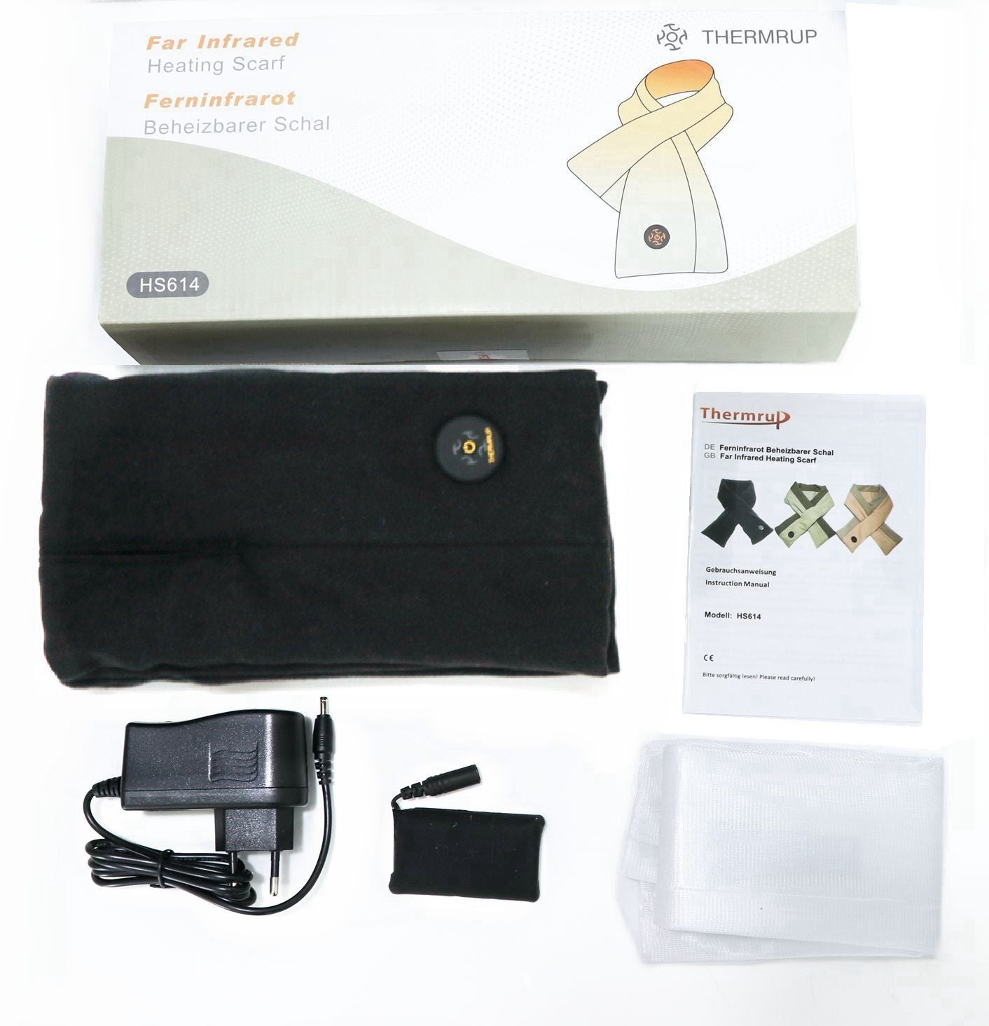 Schwarzer beheizter Schal mit Steuereinheit, Box mit Schalbild, Ladegerät, Bedienungsanleitung.