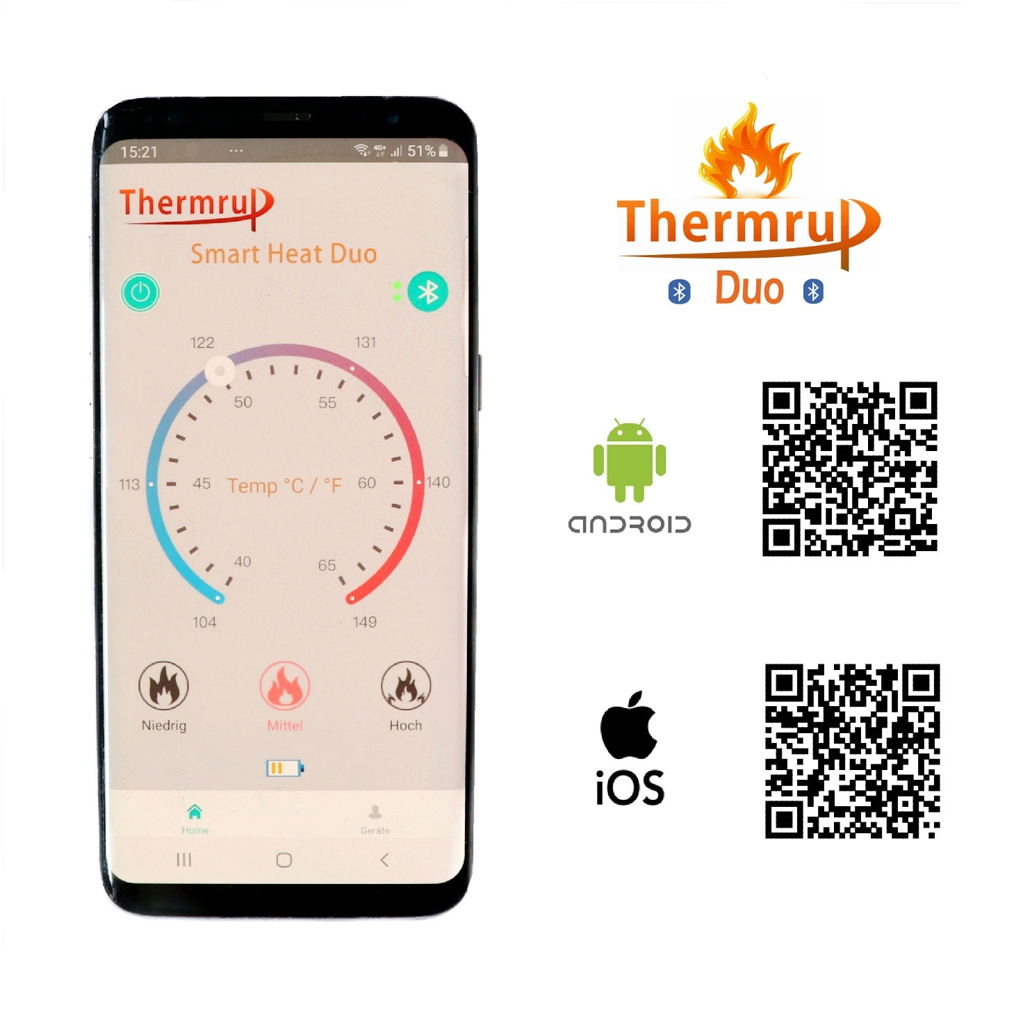 Smartphone mit App-Oberfläche mit Temperaturanzeigen. Weißer Hintergrund.