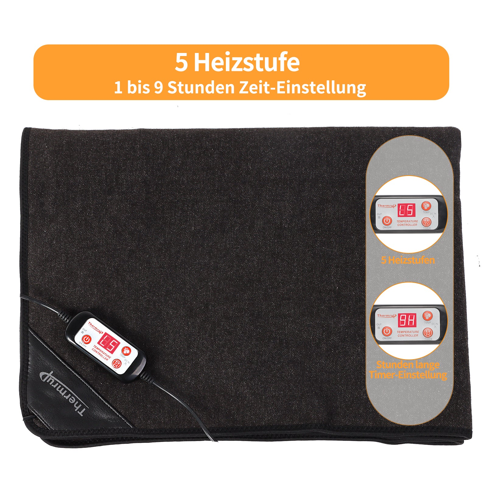 Schwarzes Heizkissen mit digitaler Temperaturregelung. Text weist auf 5 Heizstufen und Timereinstellungen hin.