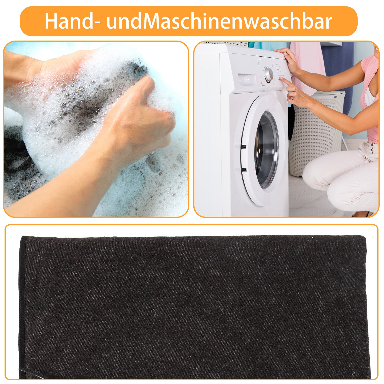 Bilder zeigen Waschmaschinenbenutzung, Hände beim Waschen und einen schwarzen Filter.