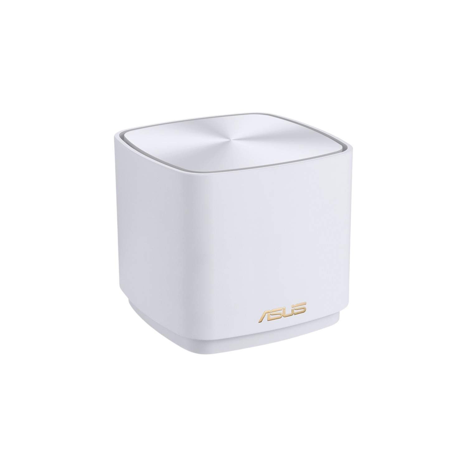Router WiFi ASUS bianco su sfondo nero. Il router ha una parte superiore circolare e il logo ASUS è dorato.