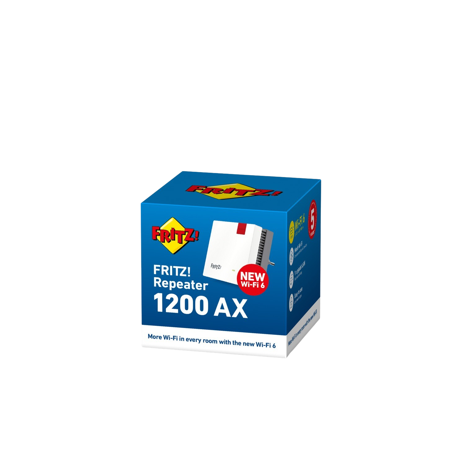 Niebieskie pudełko FRITZ! Repeater 1200 AX, urządzenia Wi-Fi 6, z logo firmy.