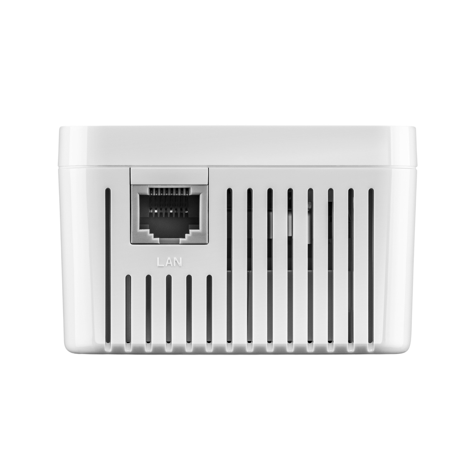 Un appareil réseau blanc avec port LAN et fentes d'aération.