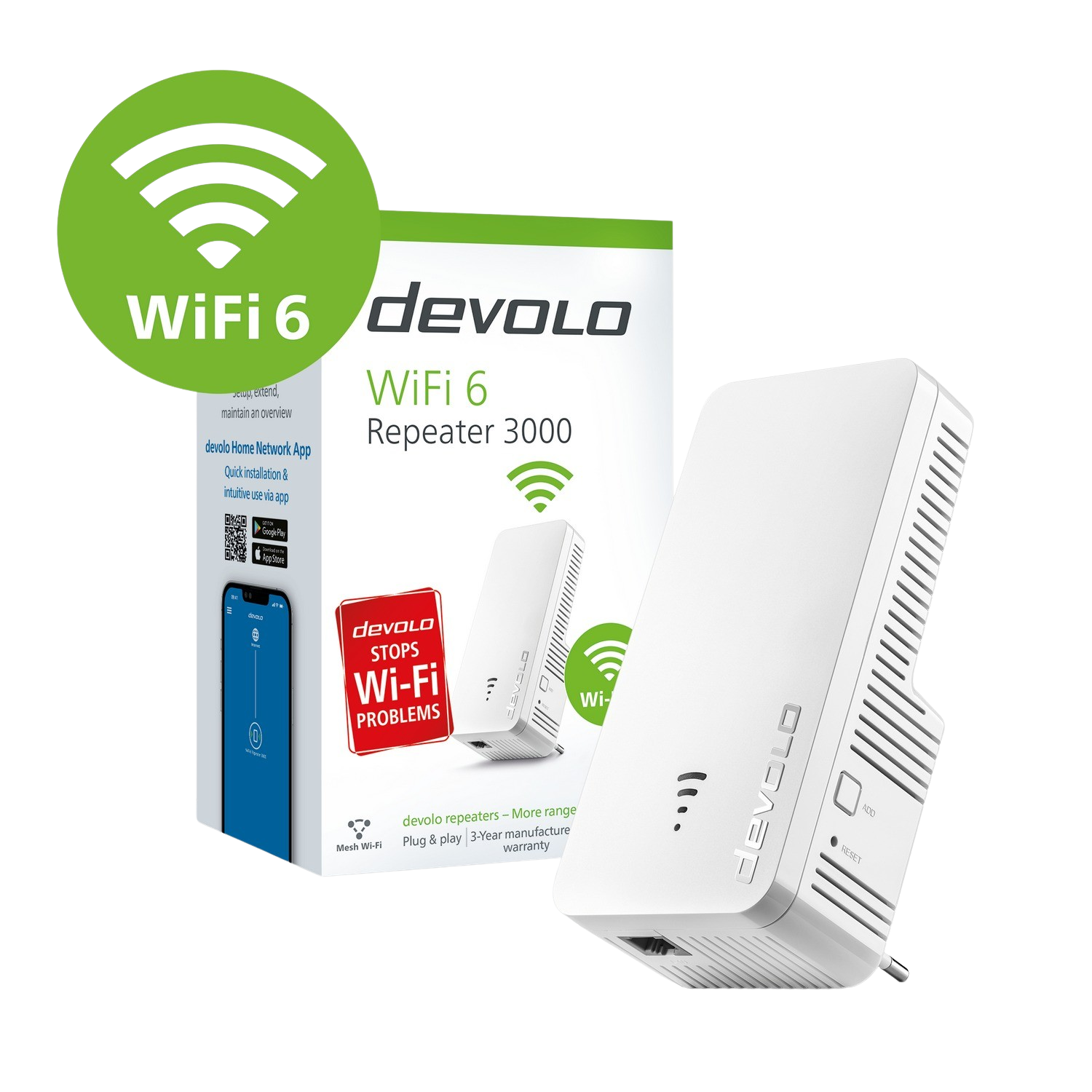 Répéteur et boîte WiFi 6 blancs avec texte. Icône WiFi verte. Fond noir.