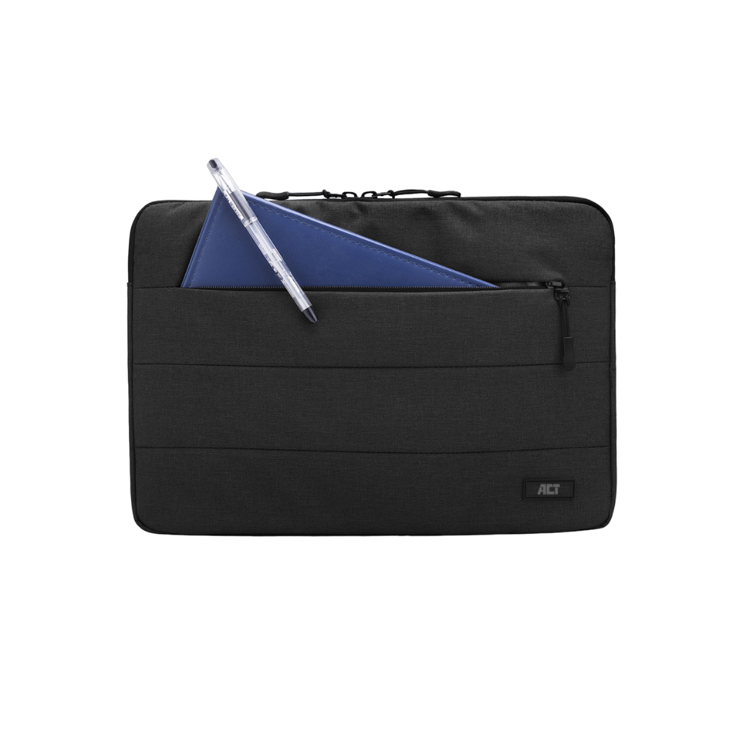 Schwarze Laptoptasche mit blauem Notizbuch und Stift in der Tasche. ACT-Logo.