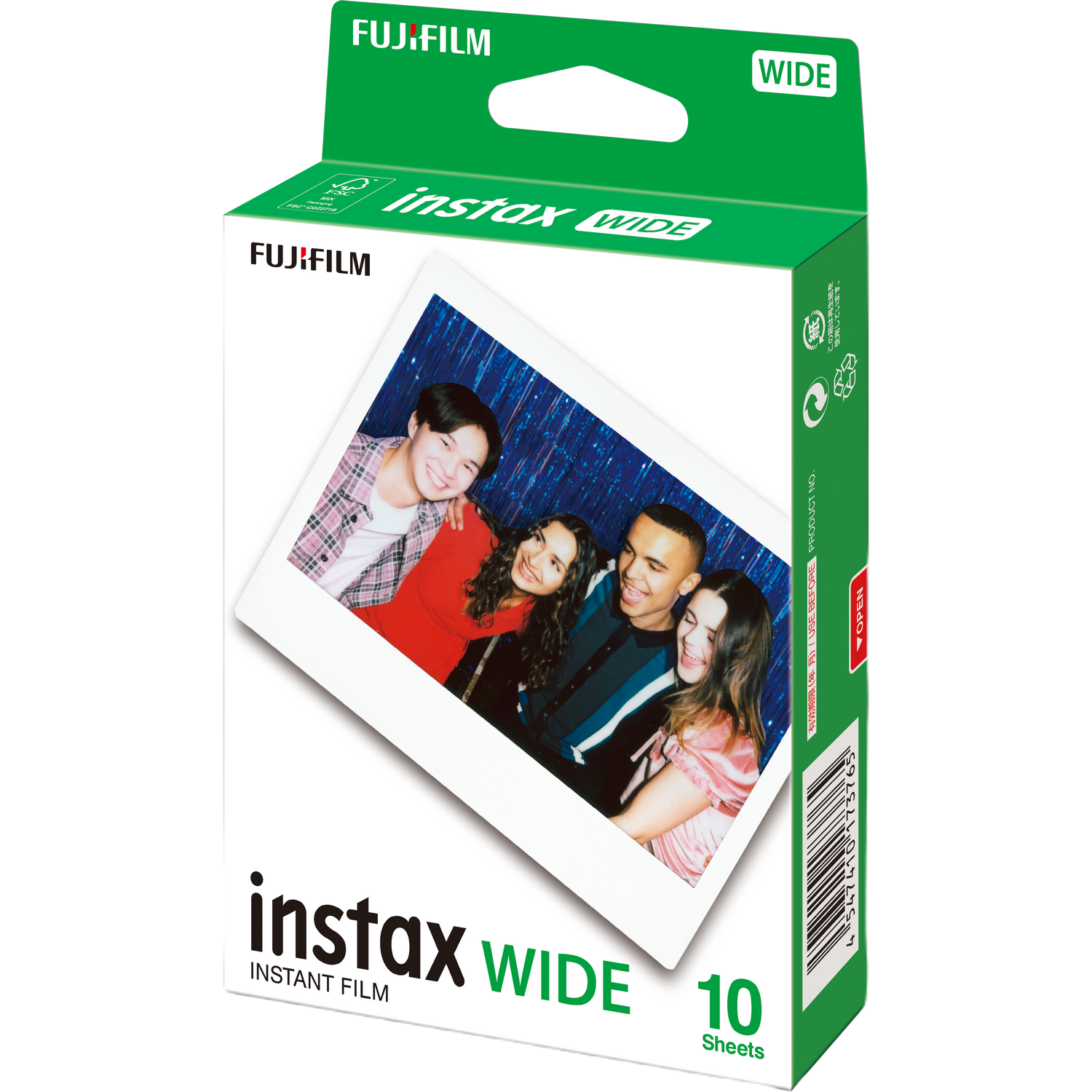 Doosje Instax Wide film met een foto van vier mensen.