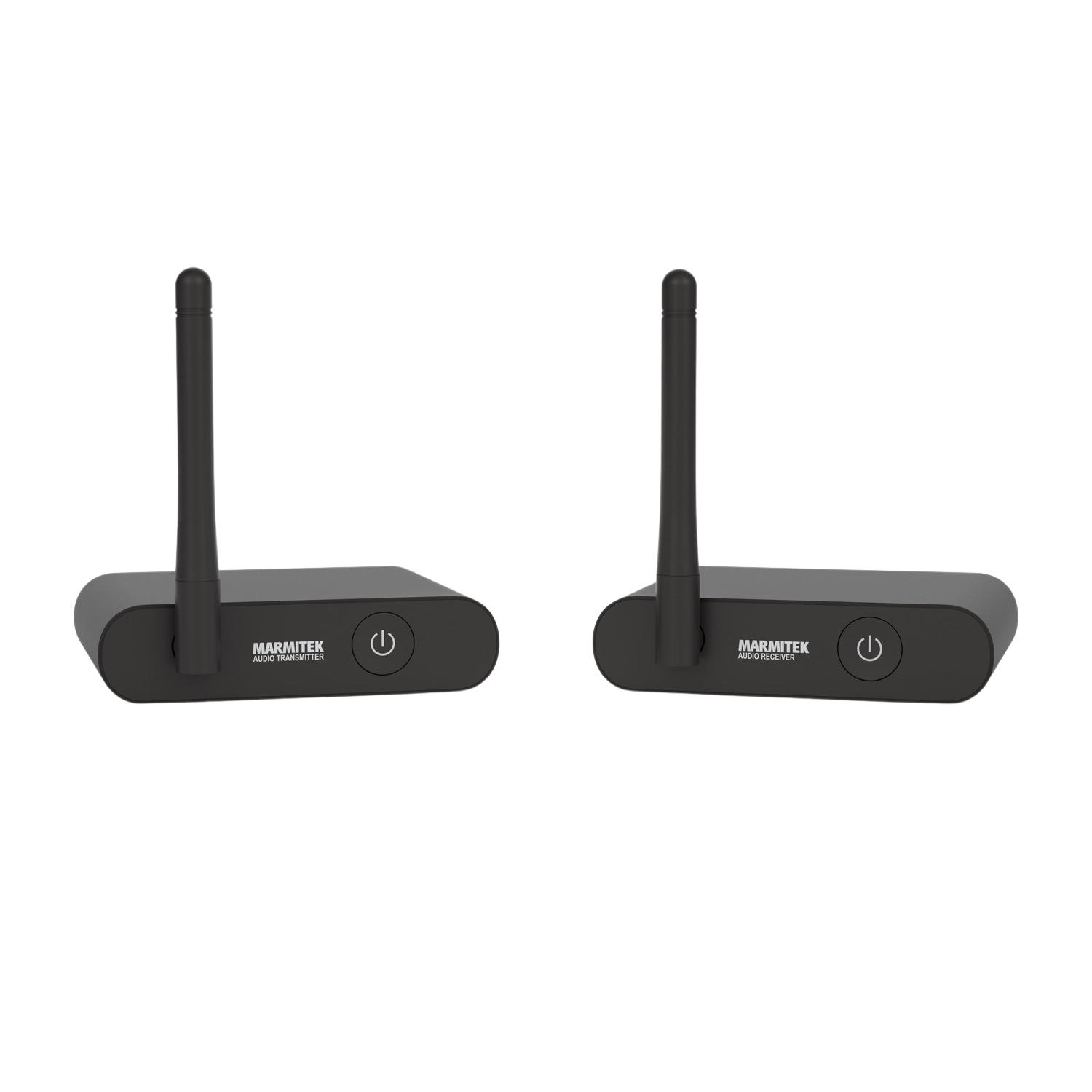 Deux récepteurs sans fil noirs. Ils ont des antennes et des boutons d'alimentation.