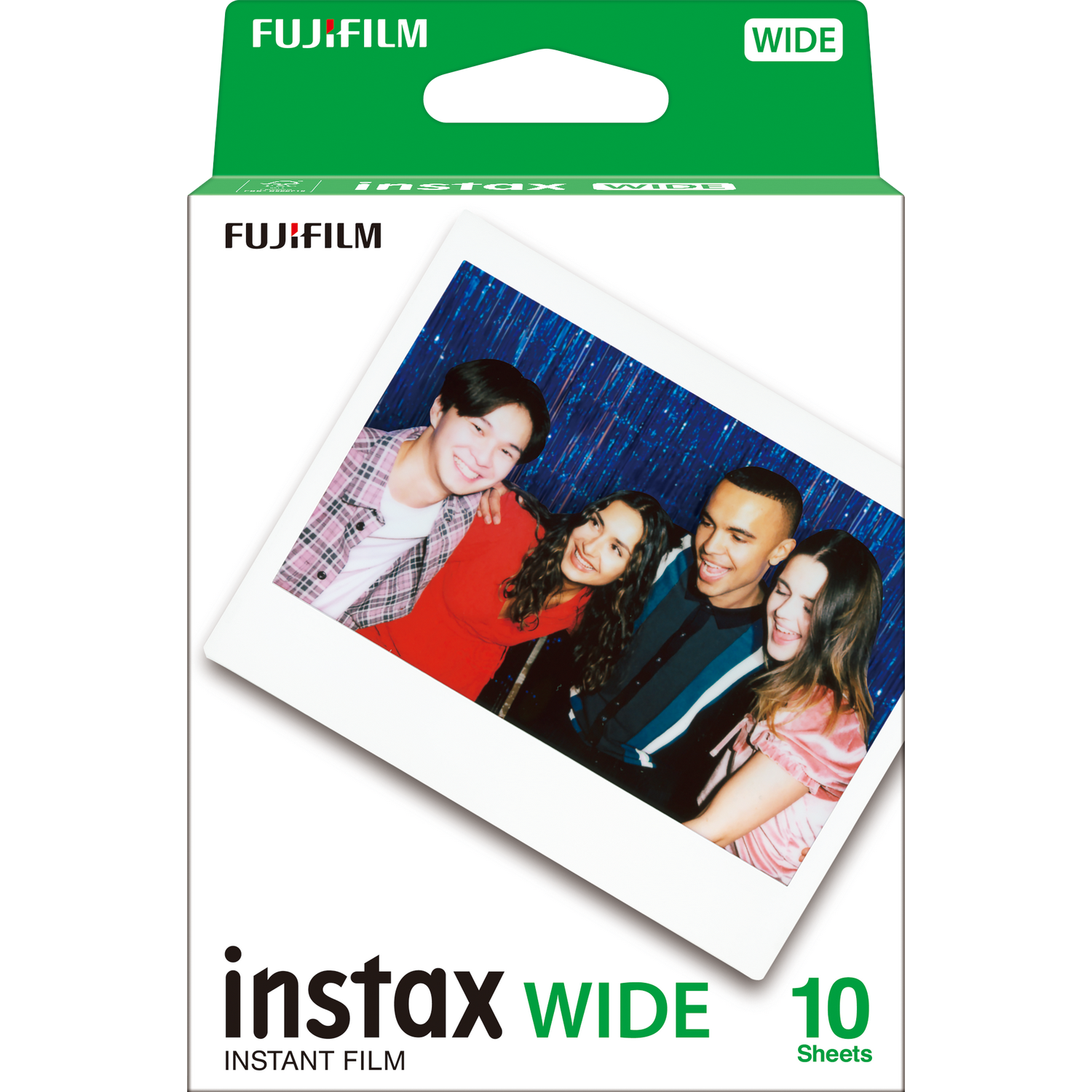 Instax Wide filmpak. Vier mensen lachen naar de camera. Groene bovenkant met witte tekst.
