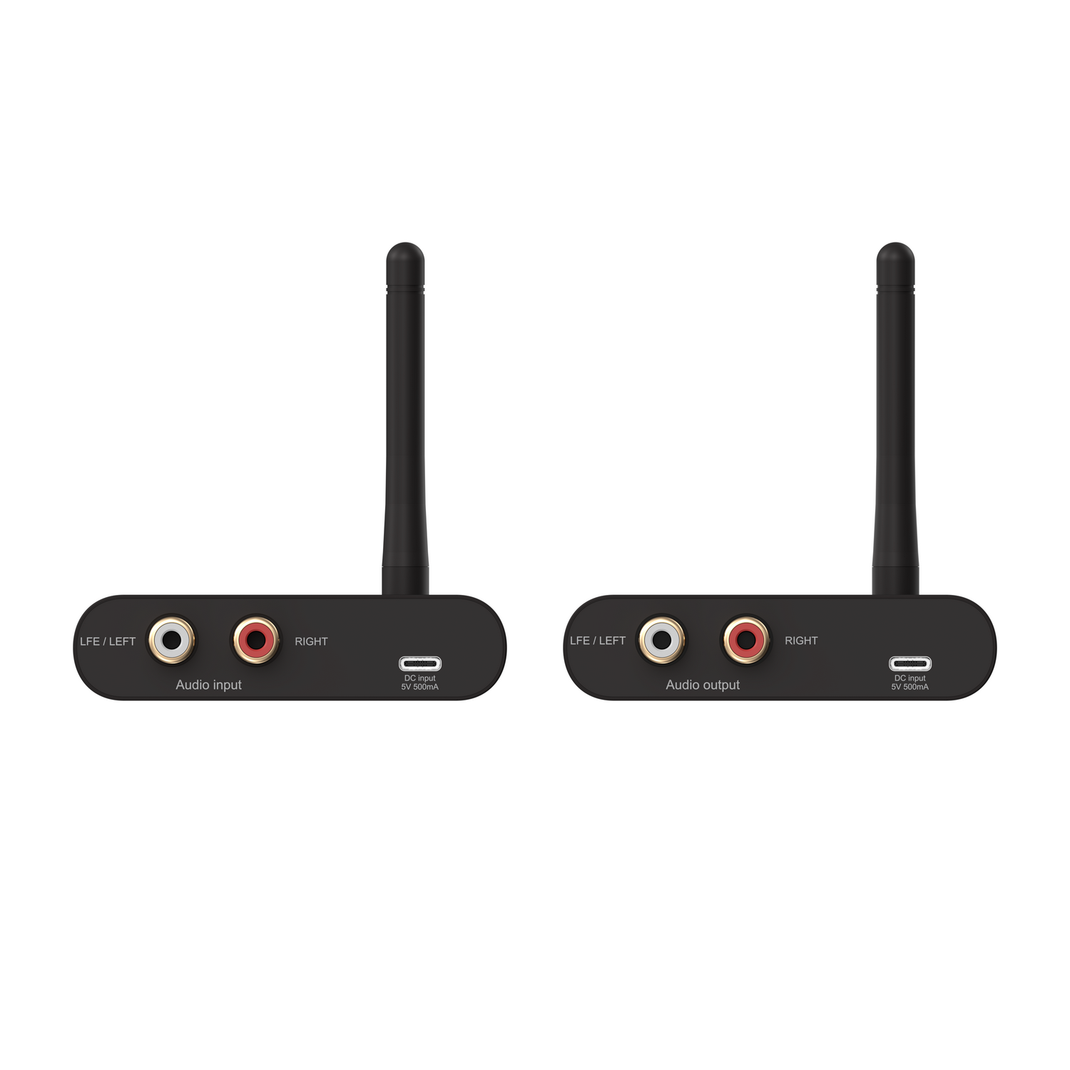 Deux appareils audio noirs avec antennes, entrées et sorties, et un port USB, vue de dessus.