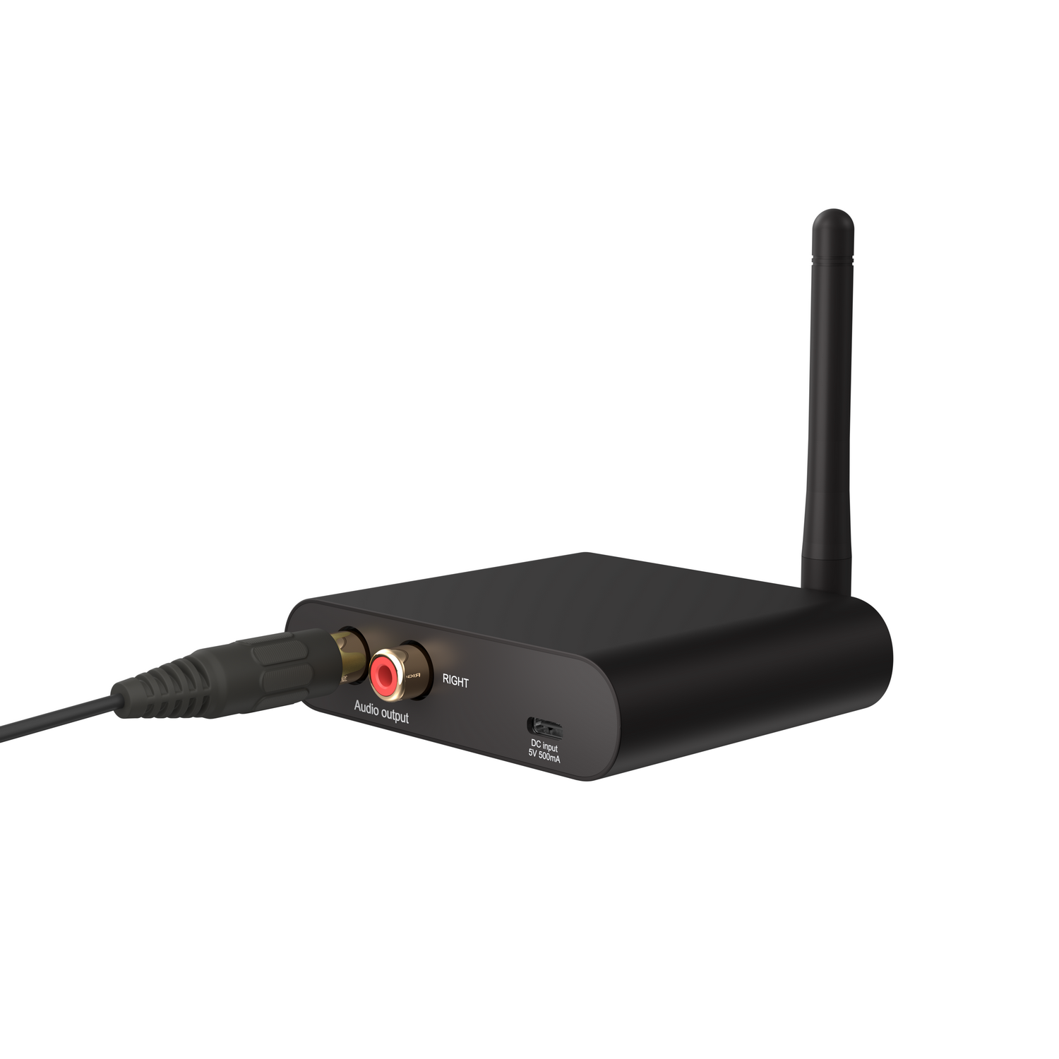 Récepteur audio noir avec antenne et câble de sortie audio. Le côté droit montre la sortie audio.