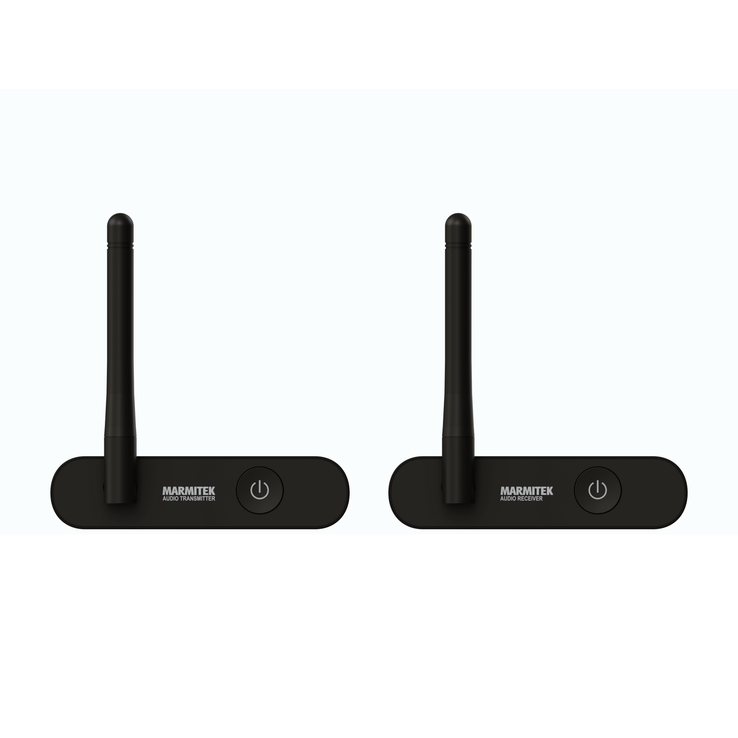 Deux émetteurs audio MARMITEK noirs. Chacun avec un bouton d'alimentation et une antenne.