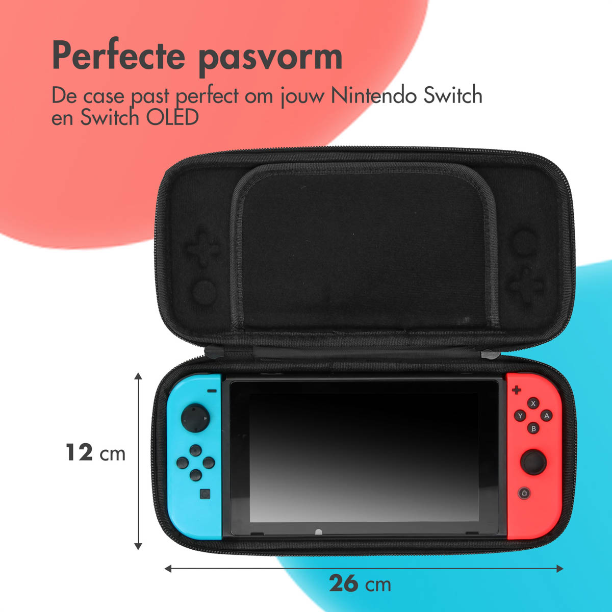 Nintendo Switch Hülle, 12x26 cm, mit blauen und roten Controllern.