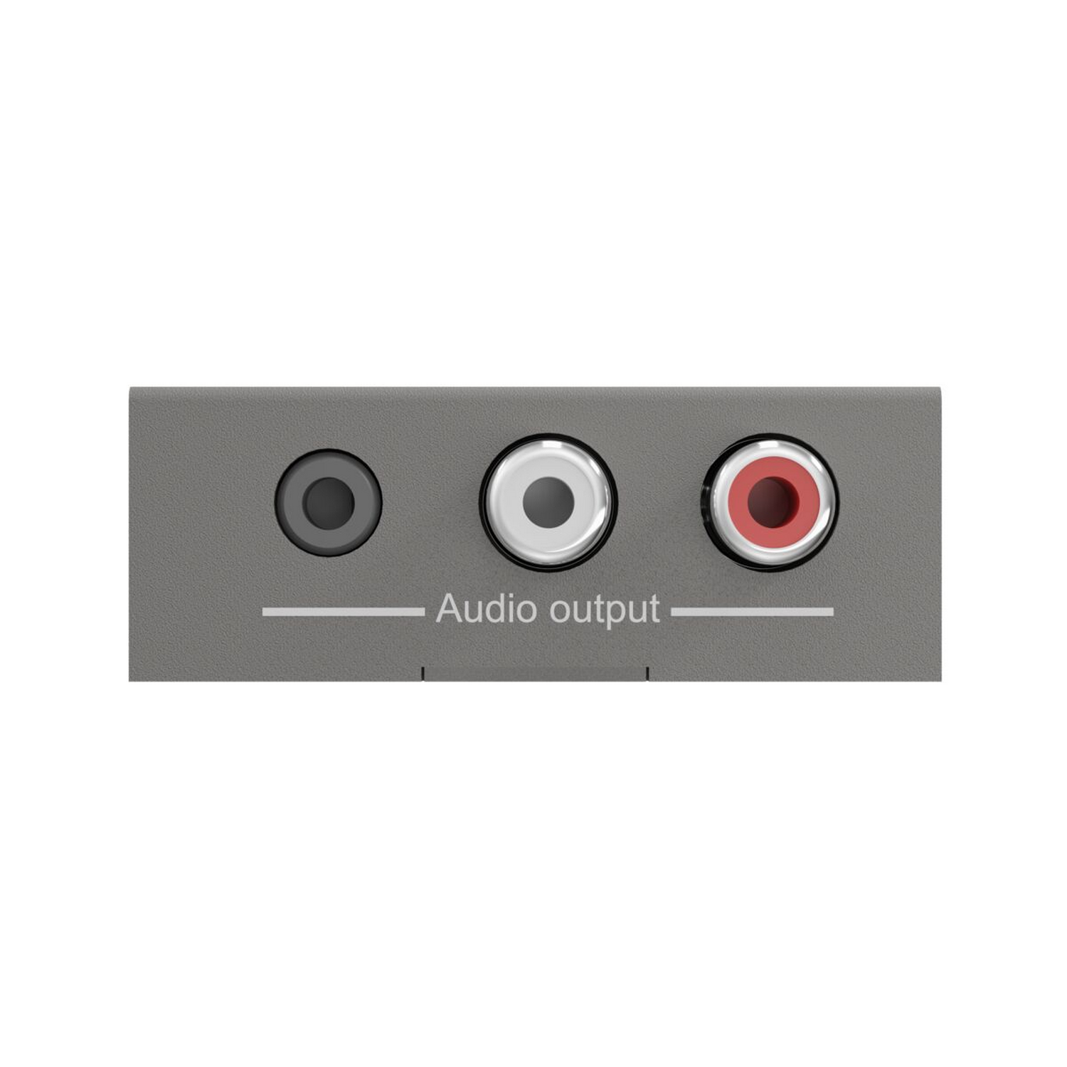 Pannello di uscita audio grigio con tre porte: una nera, una bianca, una rossa.