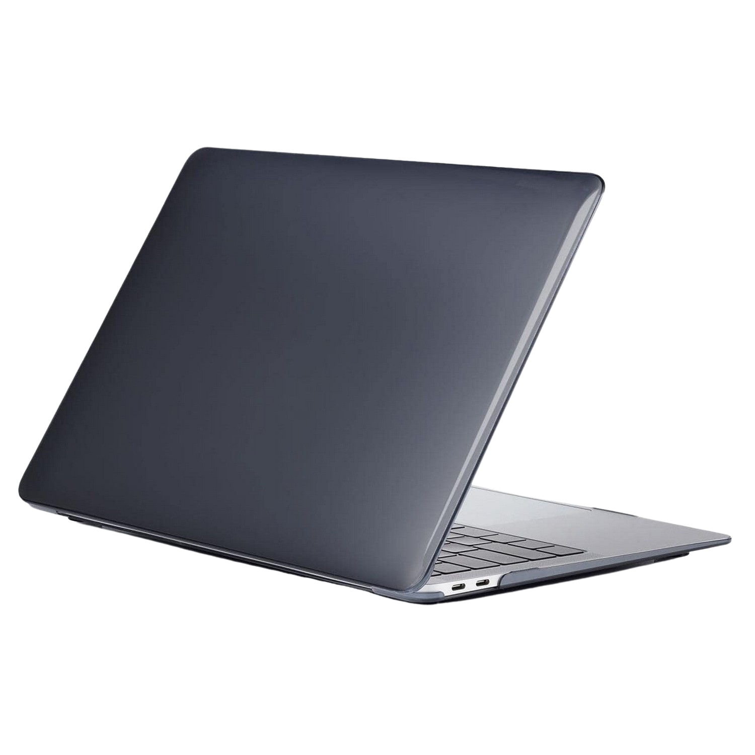 Donkergrijze laptop. De achterkant van de laptop is zichtbaar. Zwarte achtergrond.