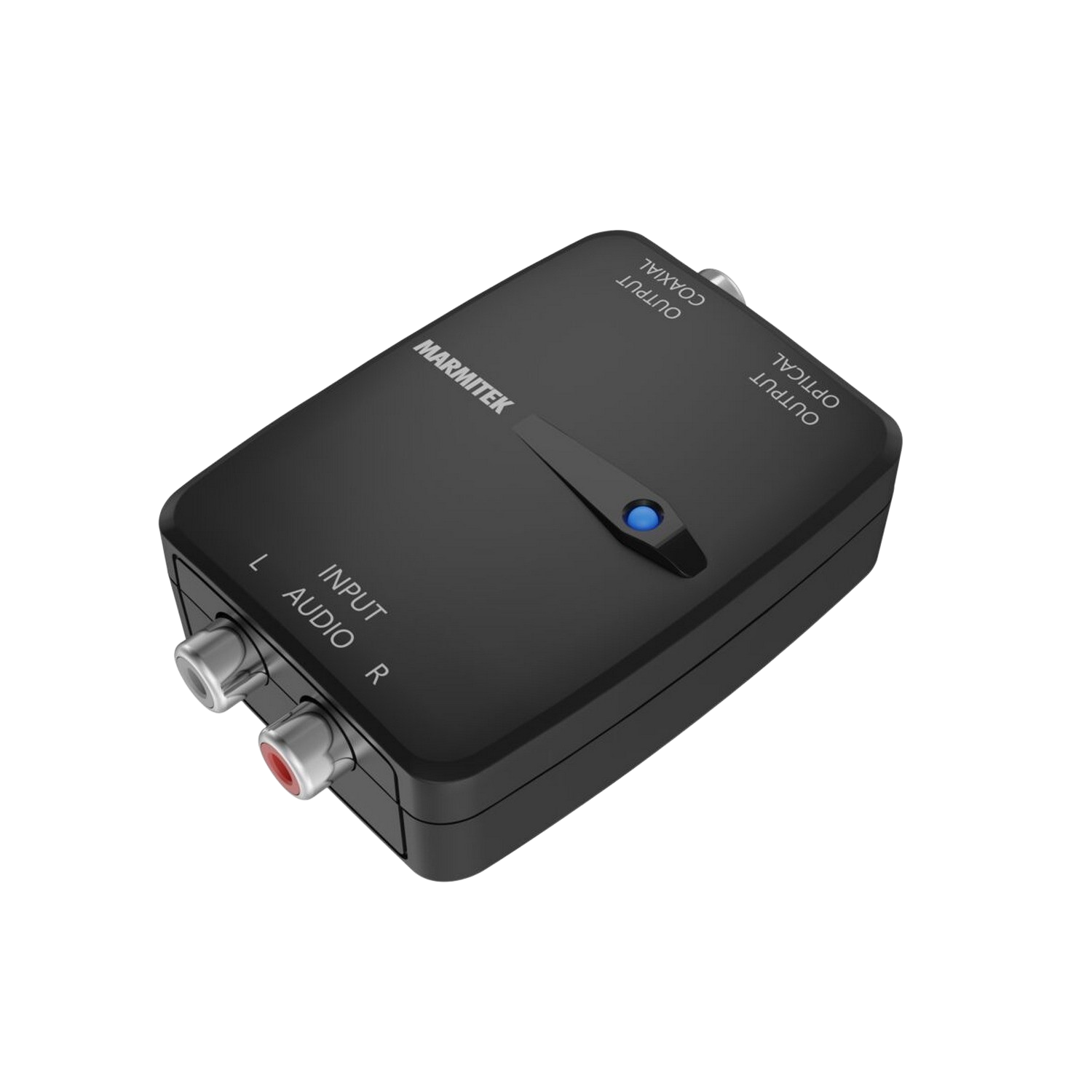 Convertitore audio nero. Varie porte di ingresso e uscita. Sfondo bianco.