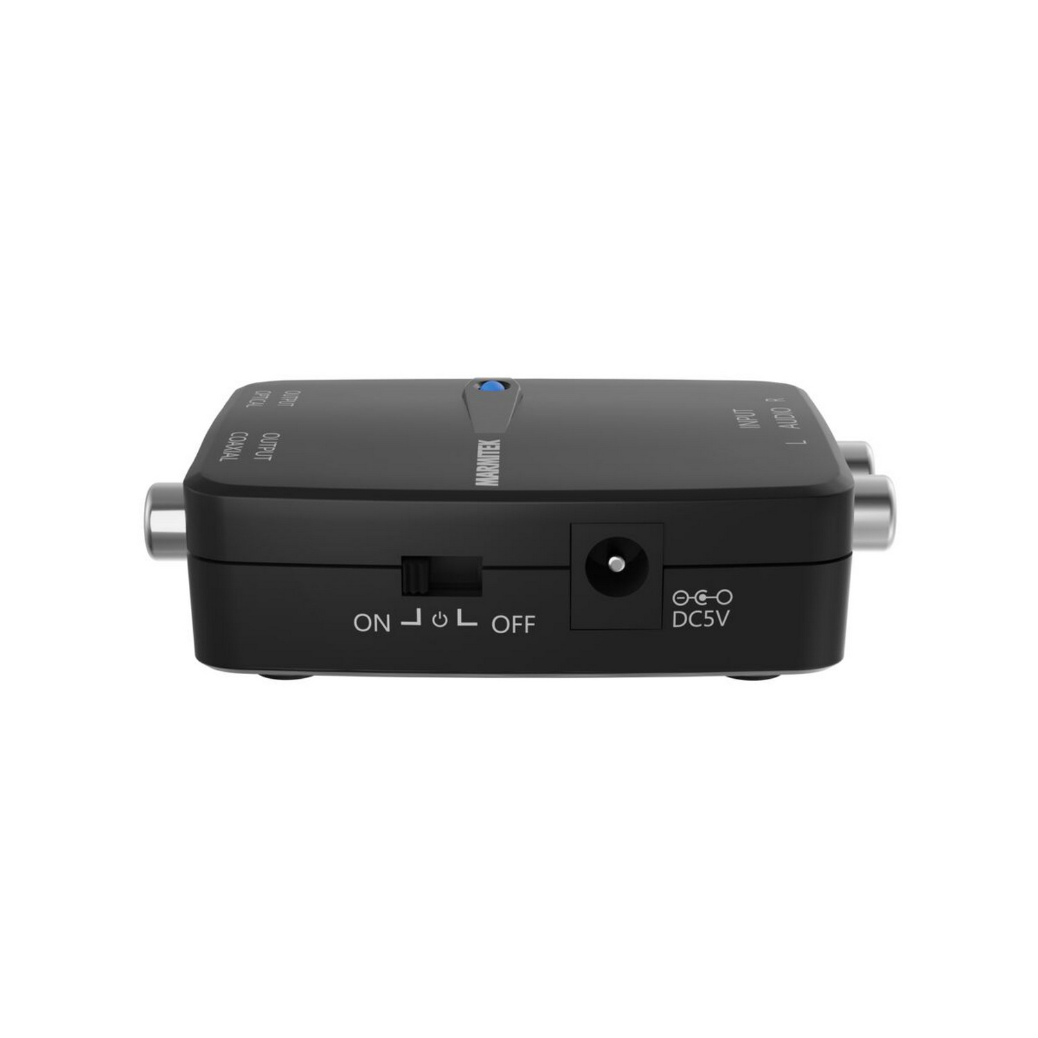 Convertitore audio nero con ingressi e uscite e interruttore on/off.