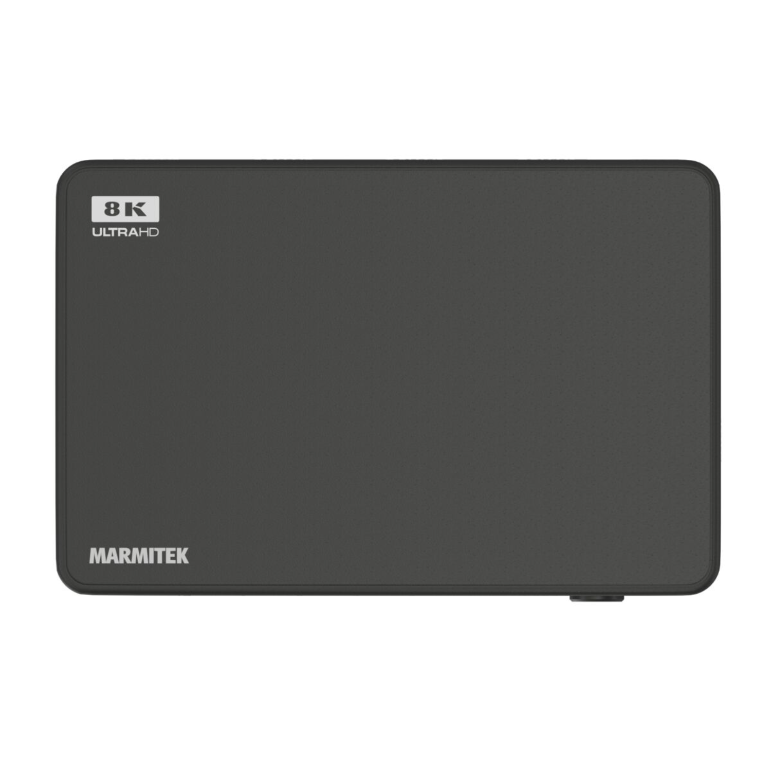 Un appareil gris foncé 8K Ultra HD avec la marque 'MARMITEK' sur fond blanc.