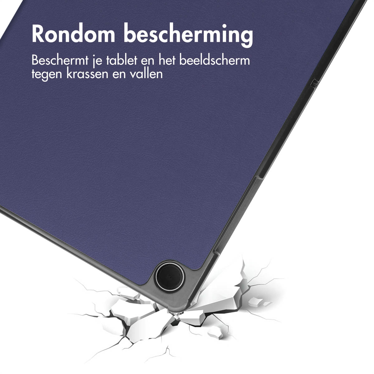 Étui de tablette violet avec bord noir, surface fissurée. Texte : 'Rondom bescherming'.