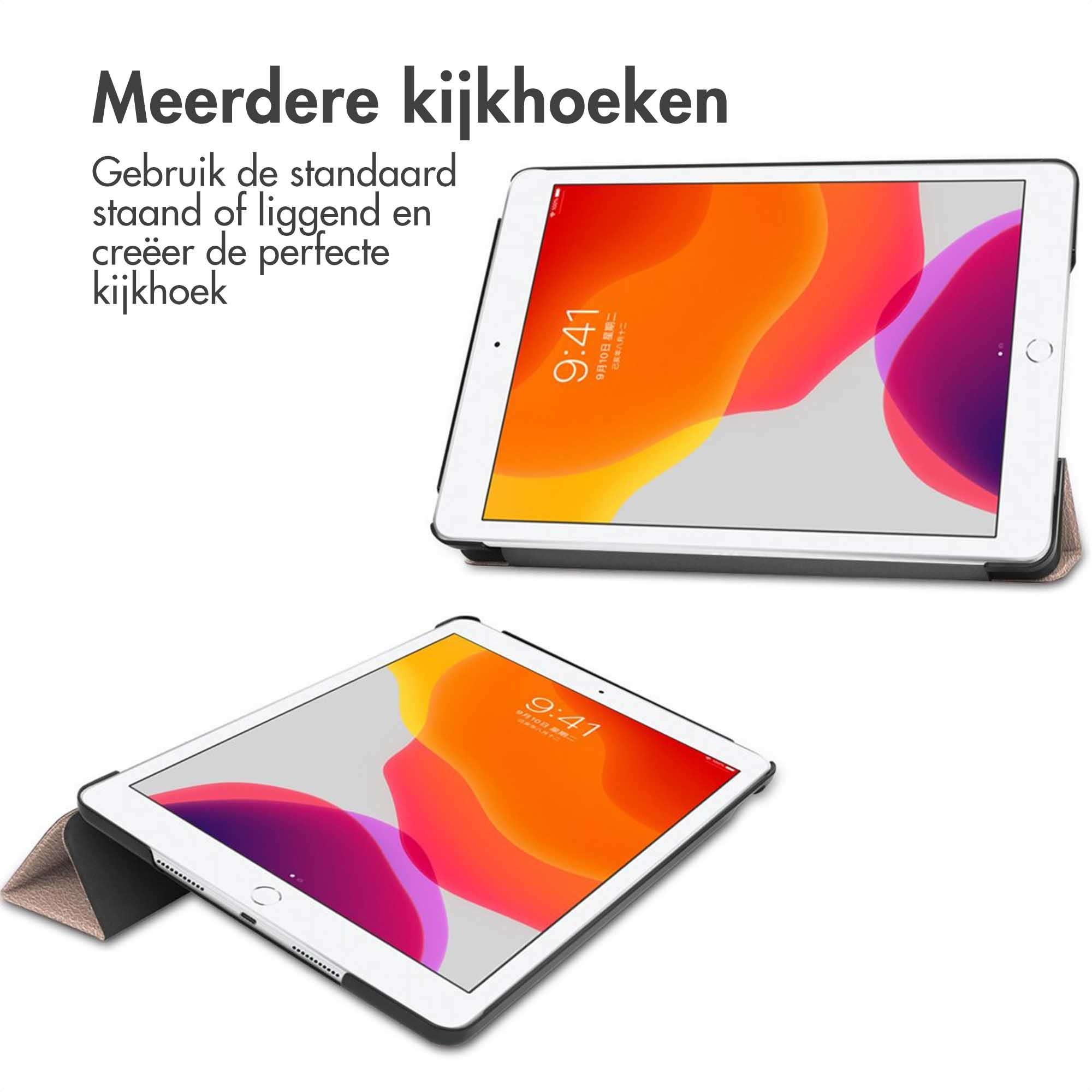 Two tablets in covers, one in a standing position, the other flat. Text in Dutch: multiple viewing angles.